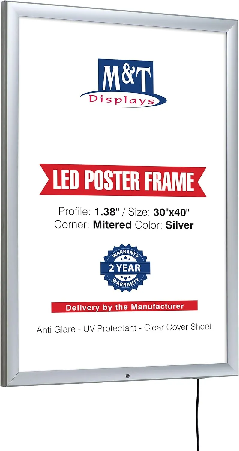 M&T Displays Lockable Weatherproof Smart Ledbox 1.38" Aluminum Profile Silver Snap Frame 30x40 inch Single Sided Document Brochure Sign Holder Front Loading Portrait Landscape