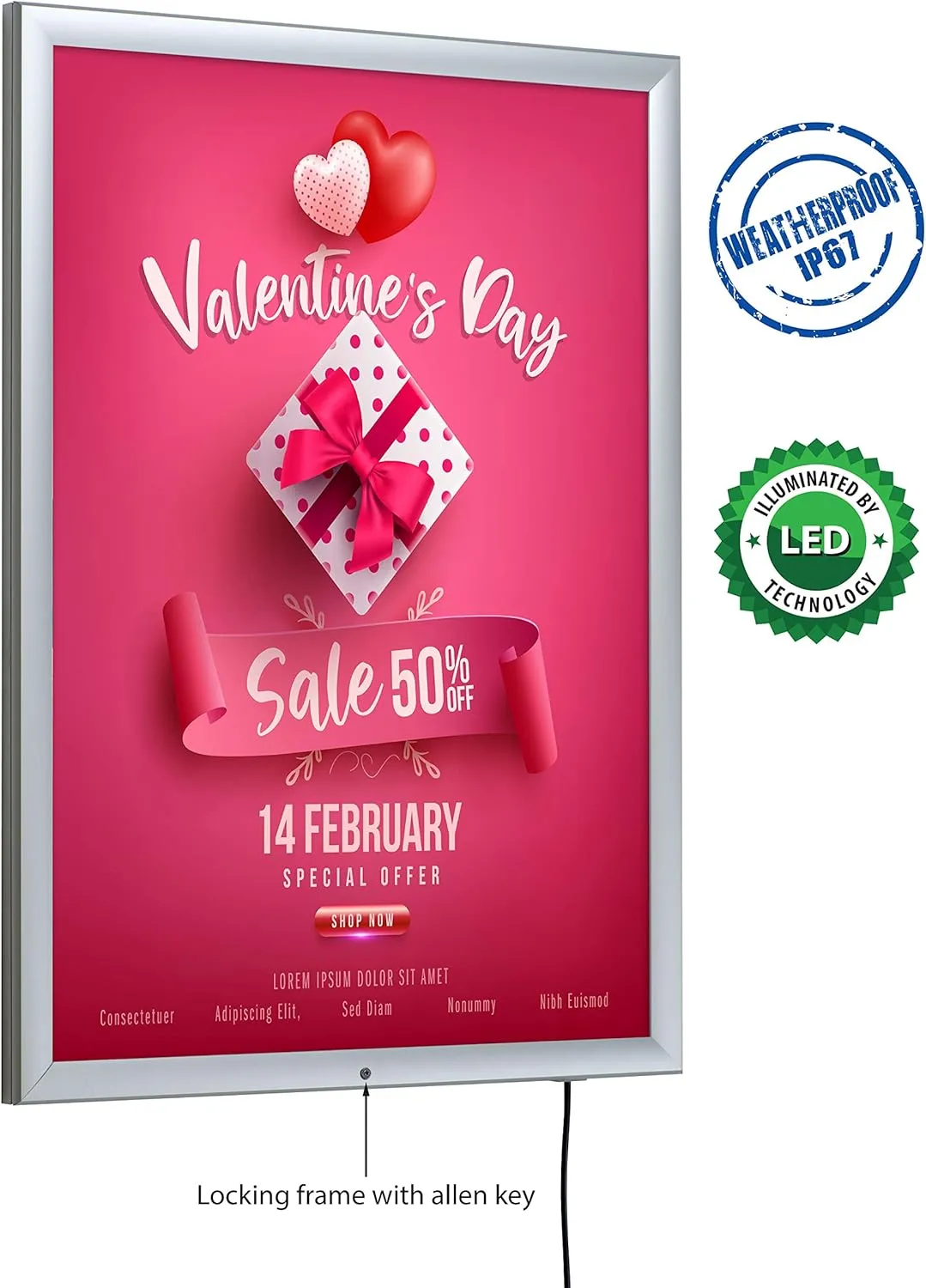 M&T Displays Lockable Weatherproof Smart Ledbox 1.38" Aluminum Profile Silver Snap Frame 30x40 inch Single Sided Document Brochure Sign Holder Front Loading Portrait Landscape