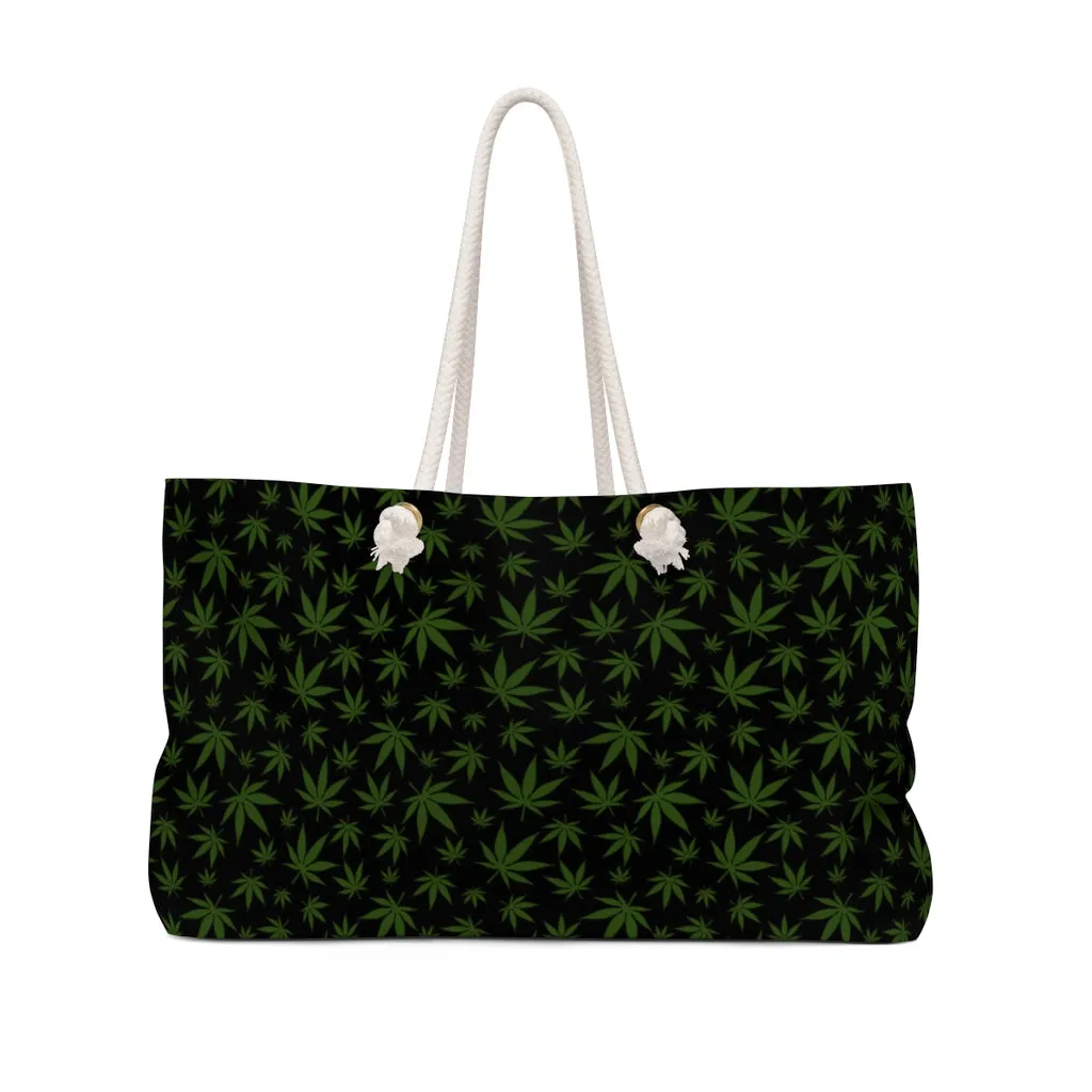 Marijuana-Black with Green Pot Leaf Trendy Oversized Weekender Tote