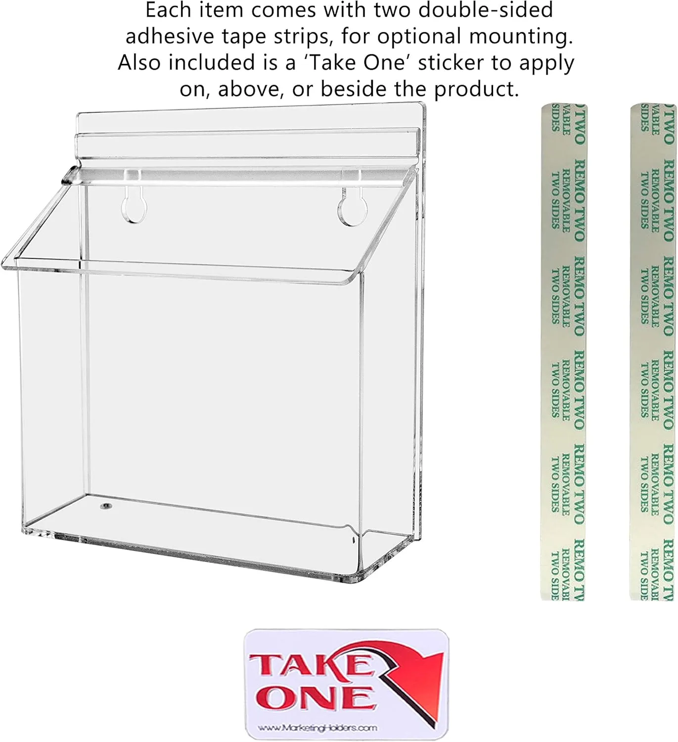 Marketing Holders Outdoor Brochure Holder with Lid Take One Sticker and Adhesive Strips Holds 7.5" x 5.5" Printed Materials Postcards Display Box Wall Mount Clear Acrylic Organizer