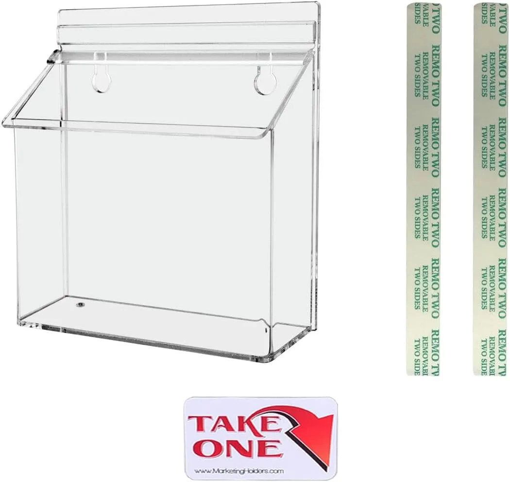 Marketing Holders Outdoor Brochure Holder with Lid Take One Sticker and Adhesive Strips Holds 7.5" x 5.5" Printed Materials Postcards Display Box Wall Mount Clear Acrylic Organizer