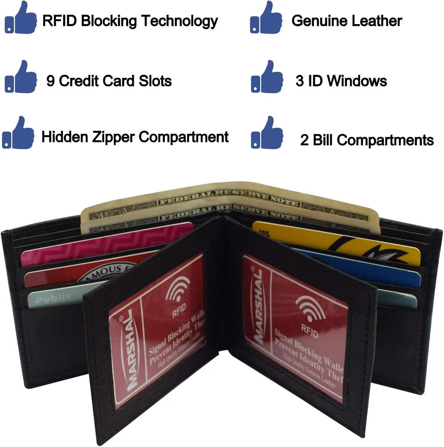 Marshal RFID Leather Mens Wallet Black Bifold Fixed Flip 3