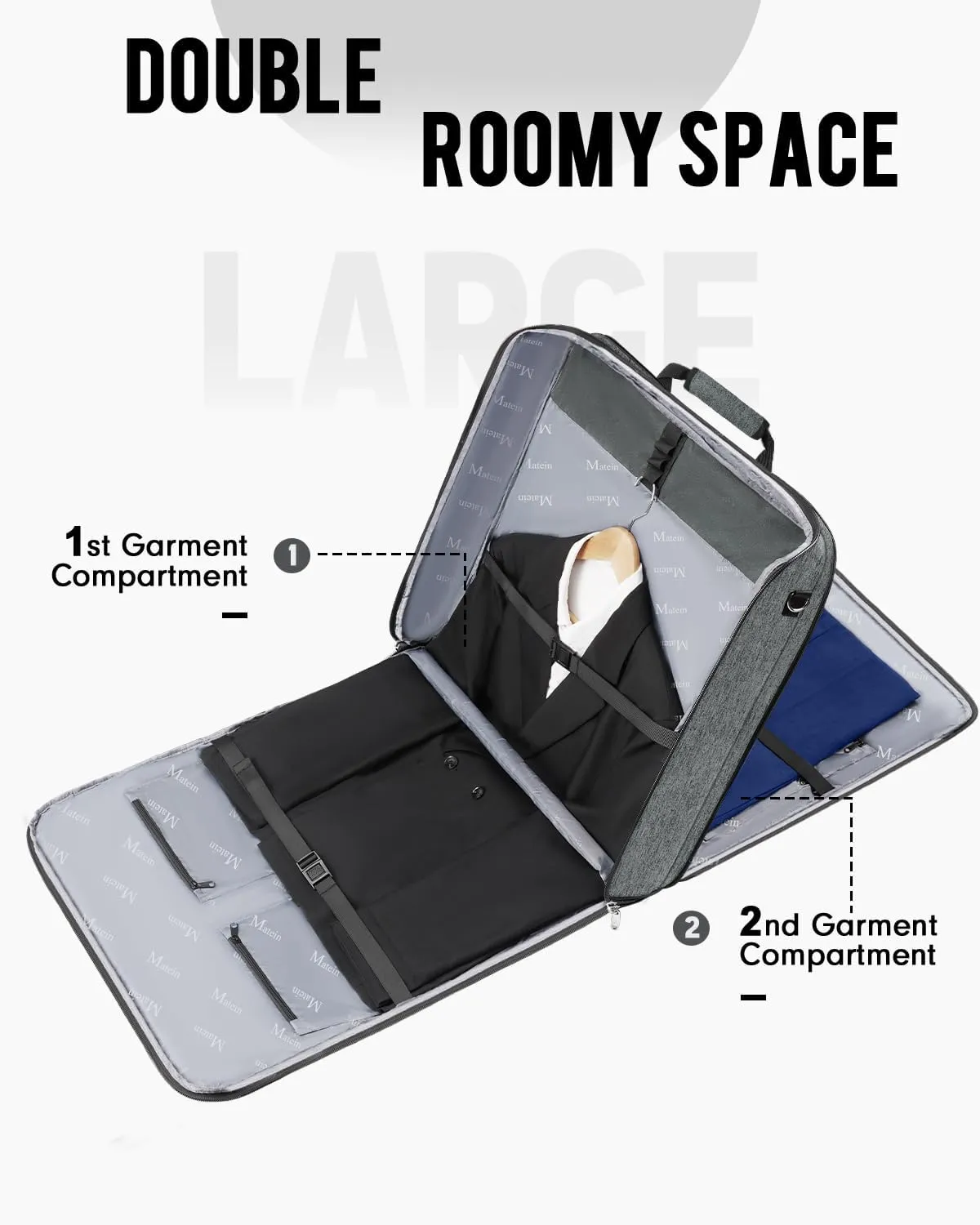 MATEIN Travel Garment Bag, Double Layer Folding Suit Bag with Adjustable Strap for Business Trips, Large Waterproof Wrinkle Free 2 in 1 Hanging Suitcase Cover Luggage for Shirts Dresses Coats, Grey