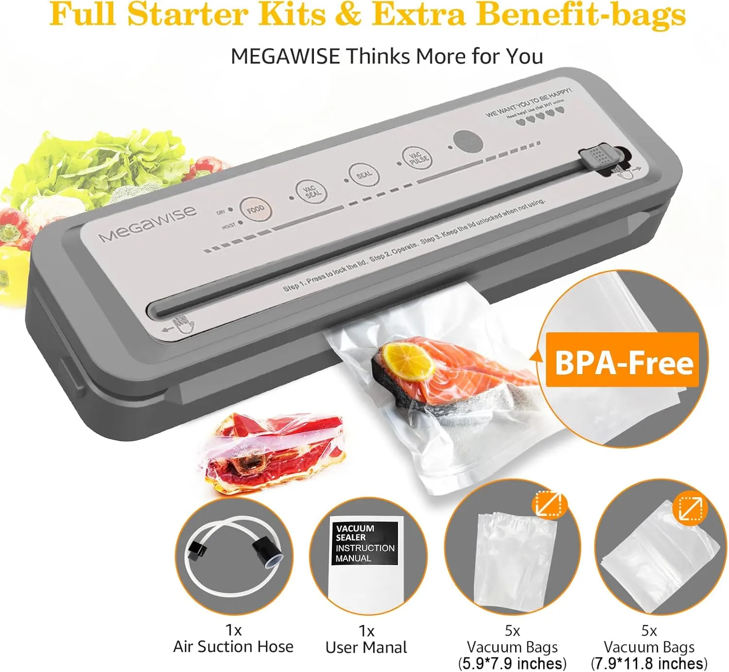 MegaWise Vacuum Sealer Machine - Powerful 80kPa Suction, Built-in Cutter, One-Touch Operation, Includes 10 BPA-Free Bags, Dry & Moist Modes, Keeps Food Fresh 5x Longer