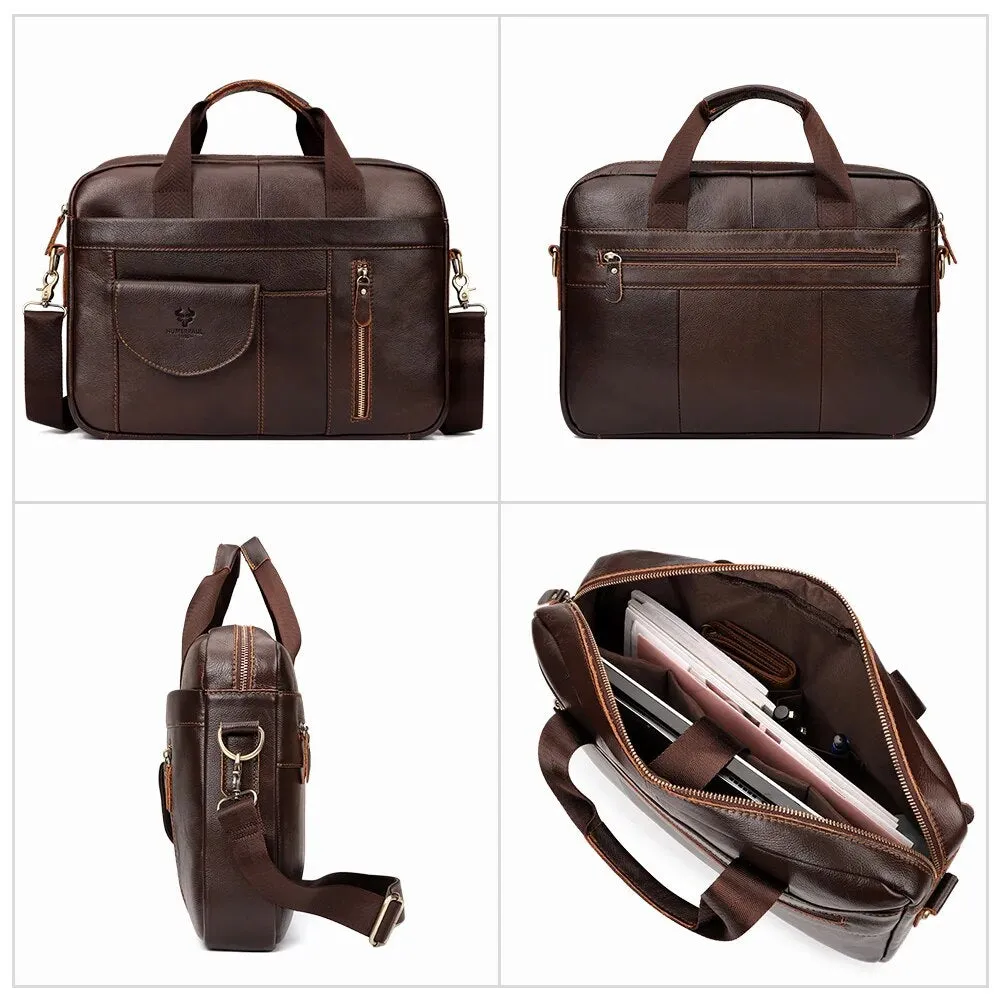 Men Briefcases Laptop Bags Black Cow Leather Handbag