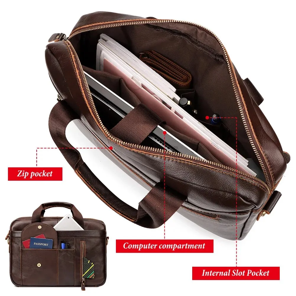 Men Briefcases Laptop Bags Black Cow Leather Handbag