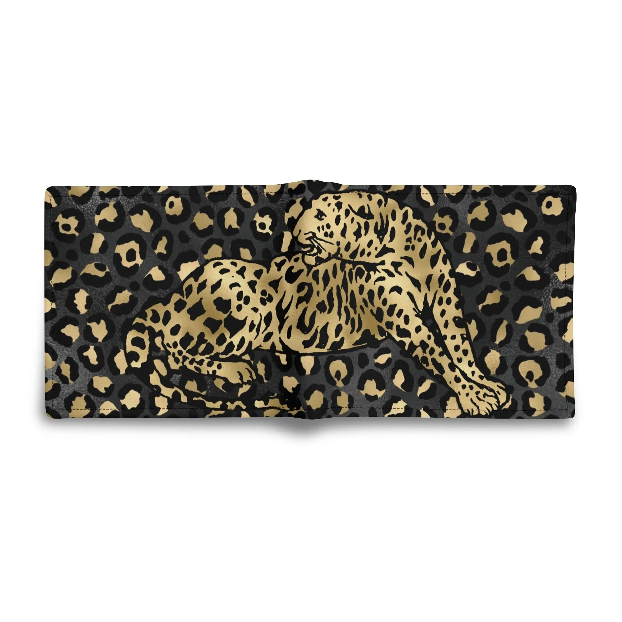 Mens Black and Gold Leopard Pattern PU Leather  Bi-fold Wallet