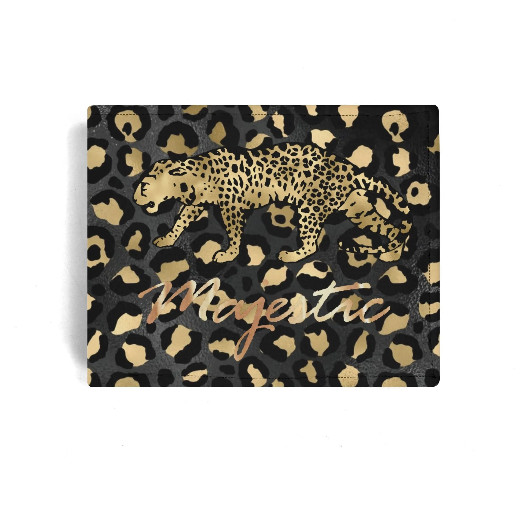 Mens Black and Gold Leopard Pattern PU Leather  Bi-fold Wallet