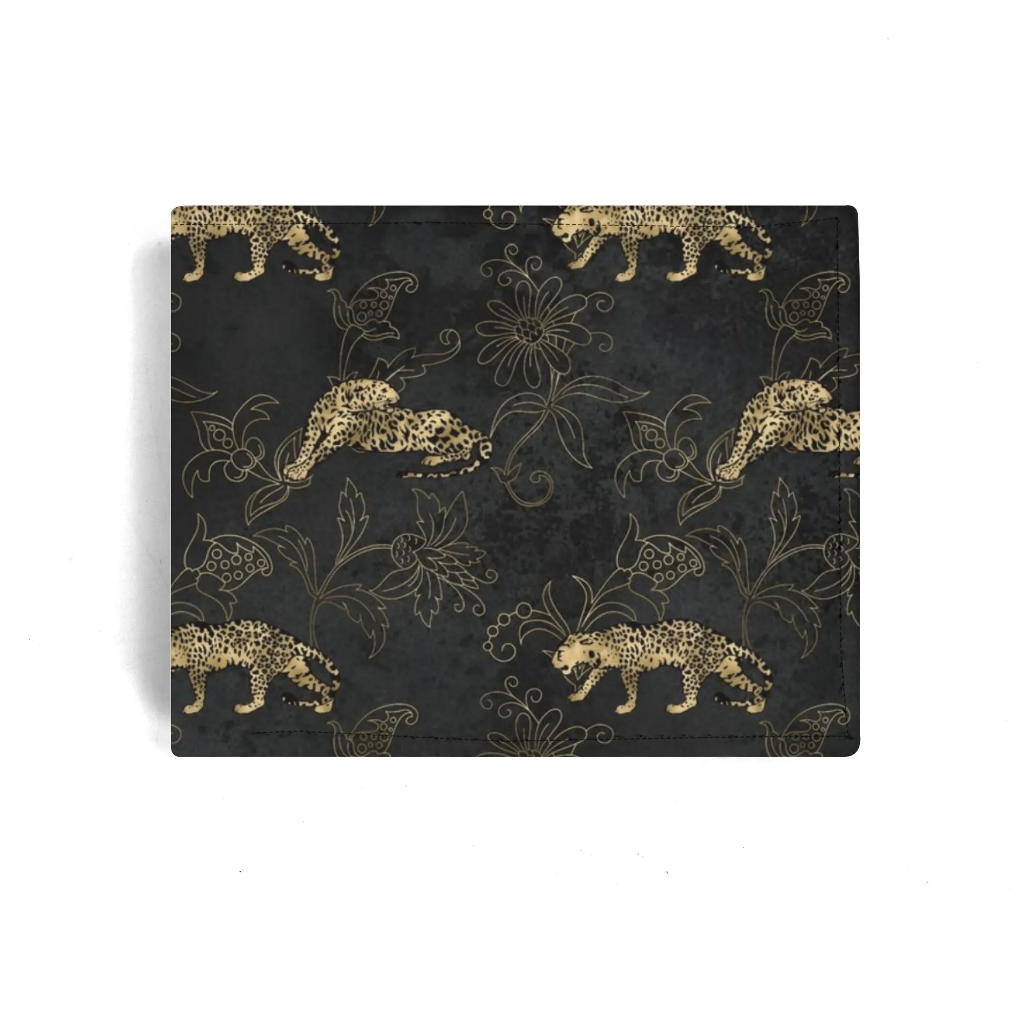 Mens Black and Gold Leopard Pattern PU Leather  Bi-fold Wallet