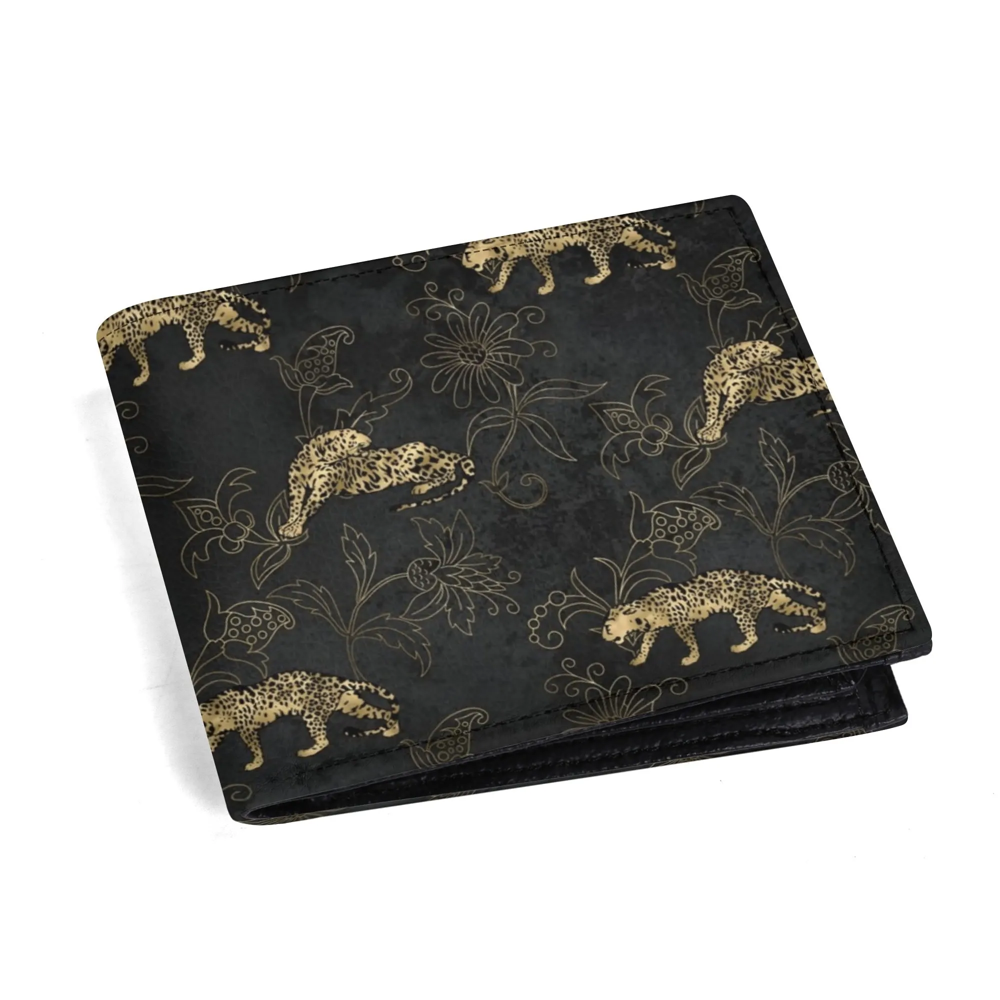 Mens Black and Gold Leopard Pattern PU Leather  Bi-fold Wallet