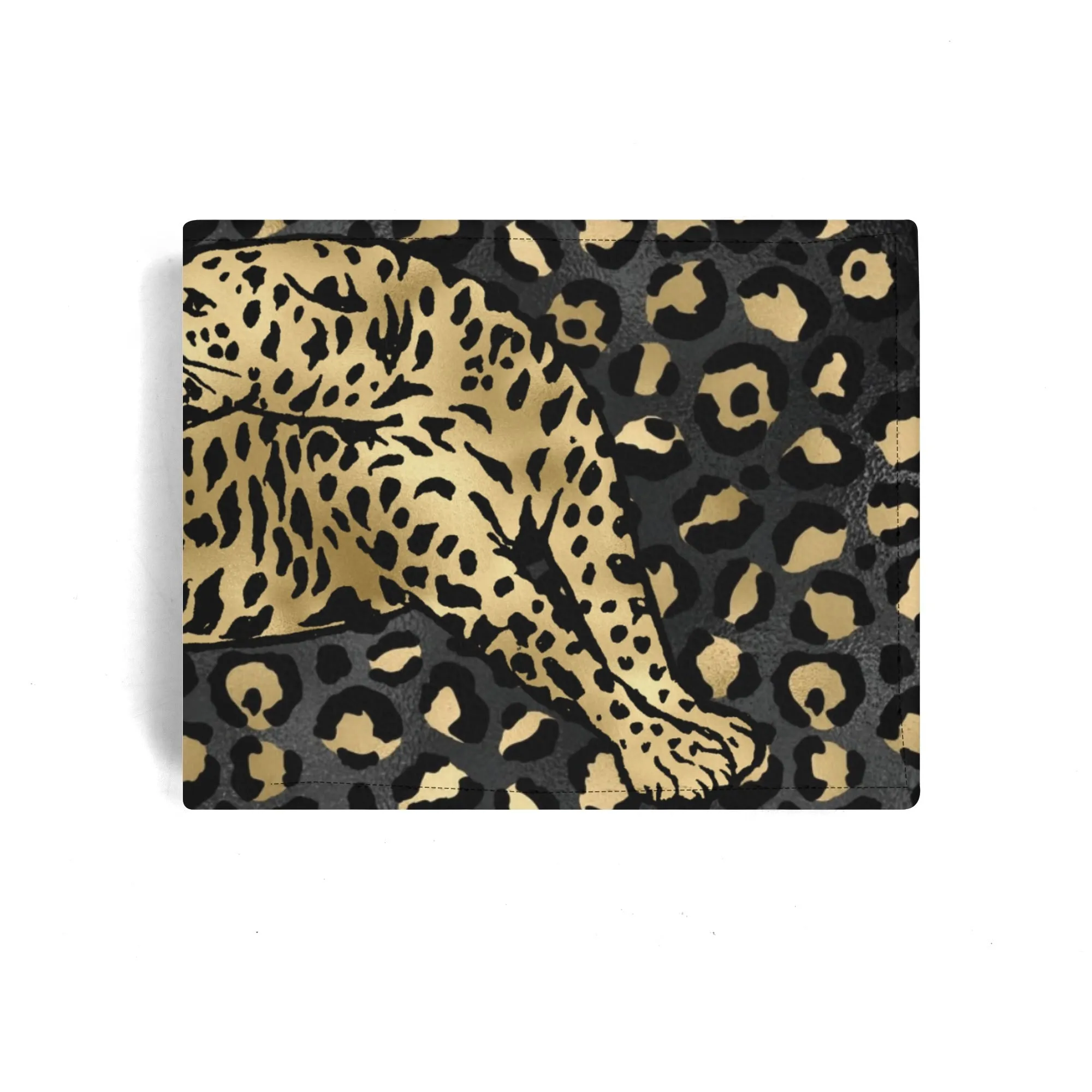 Mens Black and Gold Leopard Pattern PU Leather  Bi-fold Wallet