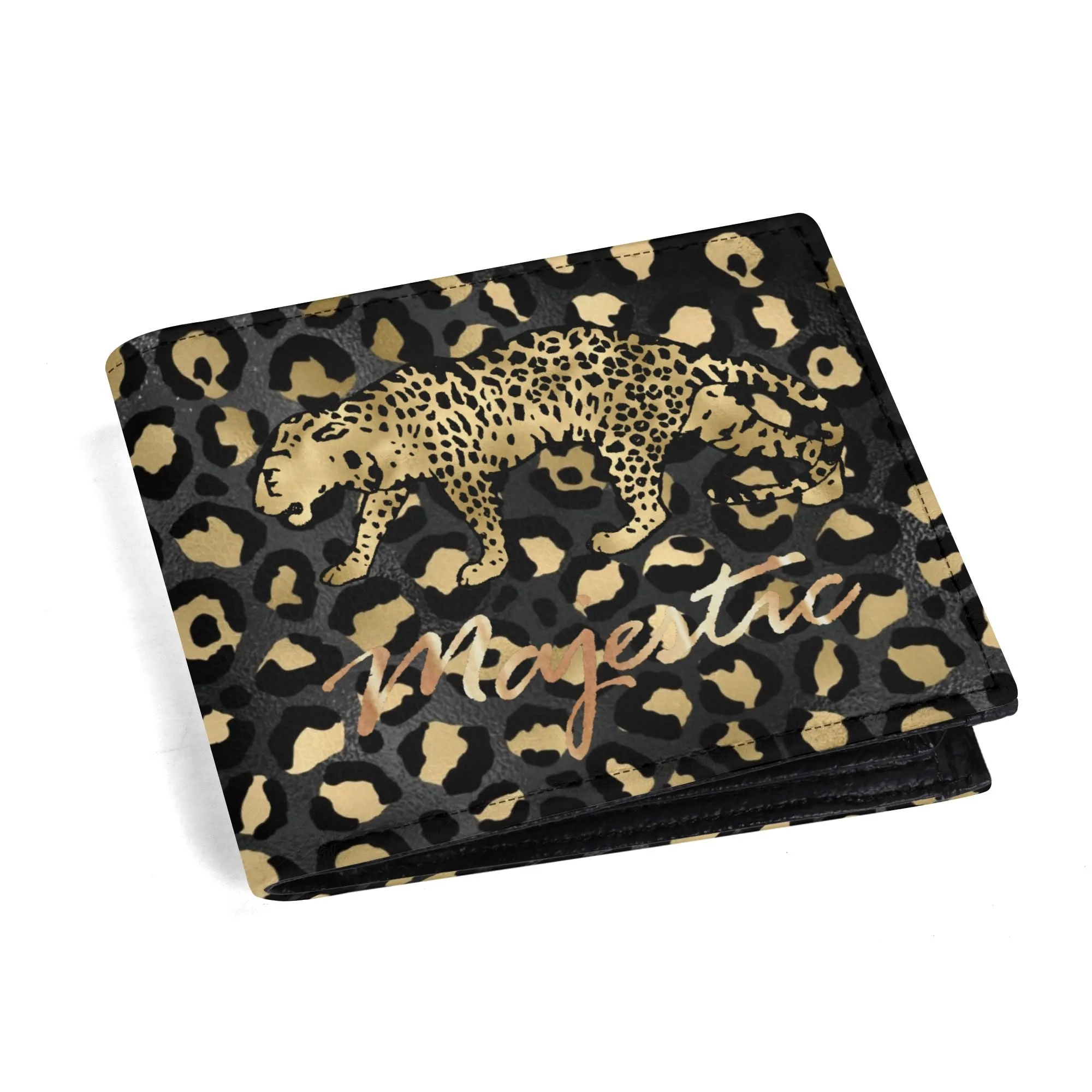 Mens Black and Gold Leopard Pattern PU Leather  Bi-fold Wallet