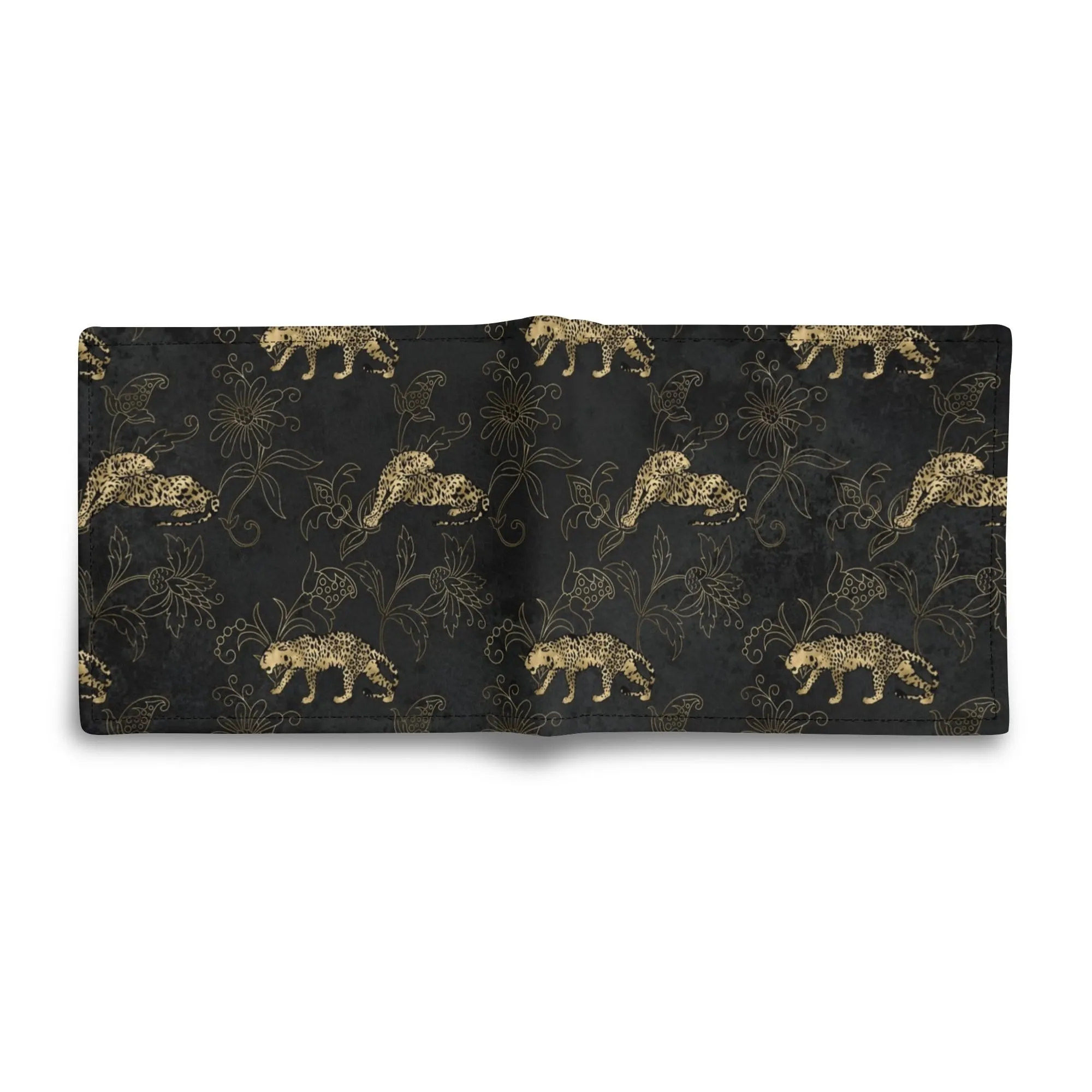 Mens Black and Gold Leopard Pattern PU Leather  Bi-fold Wallet