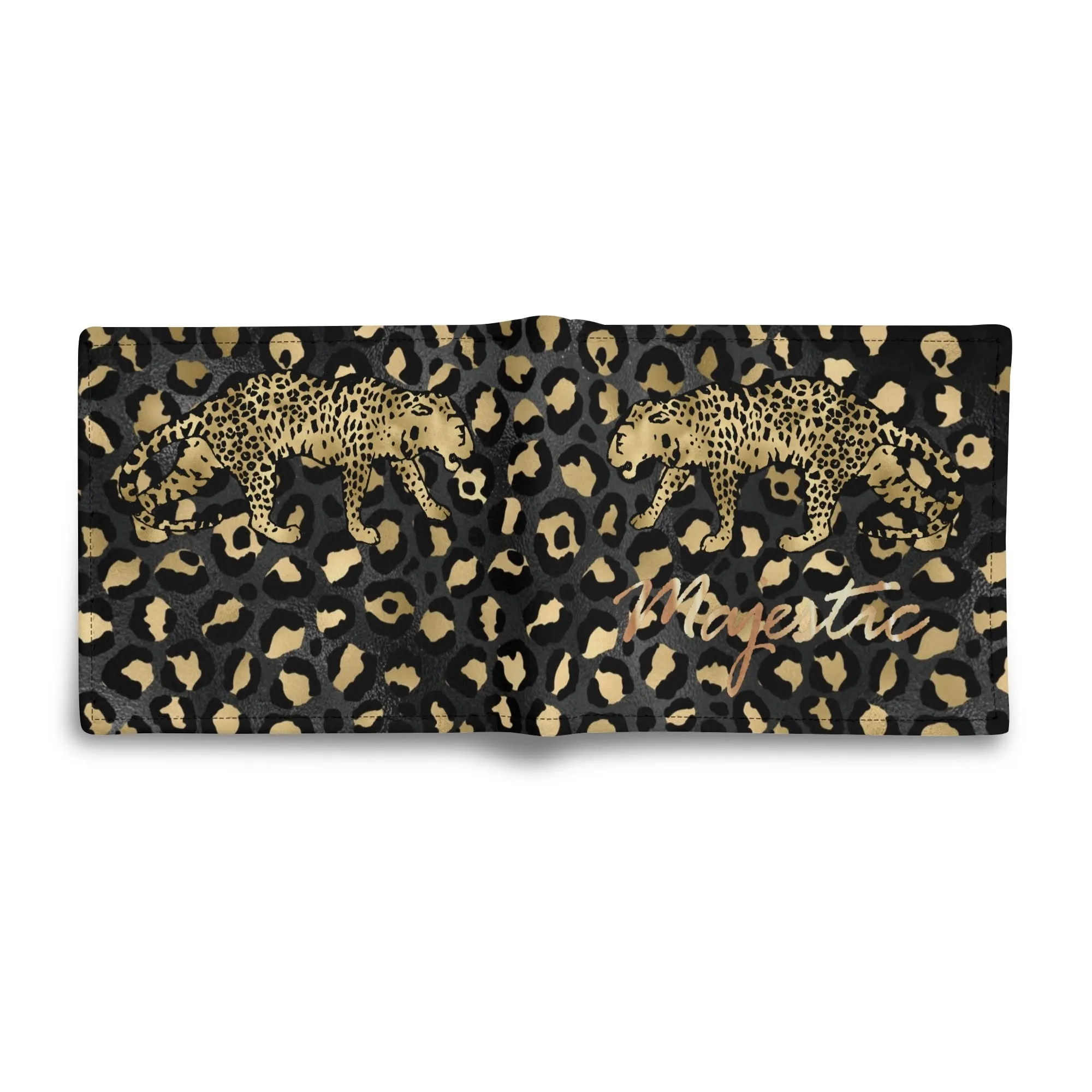 Mens Black and Gold Leopard Pattern PU Leather  Bi-fold Wallet