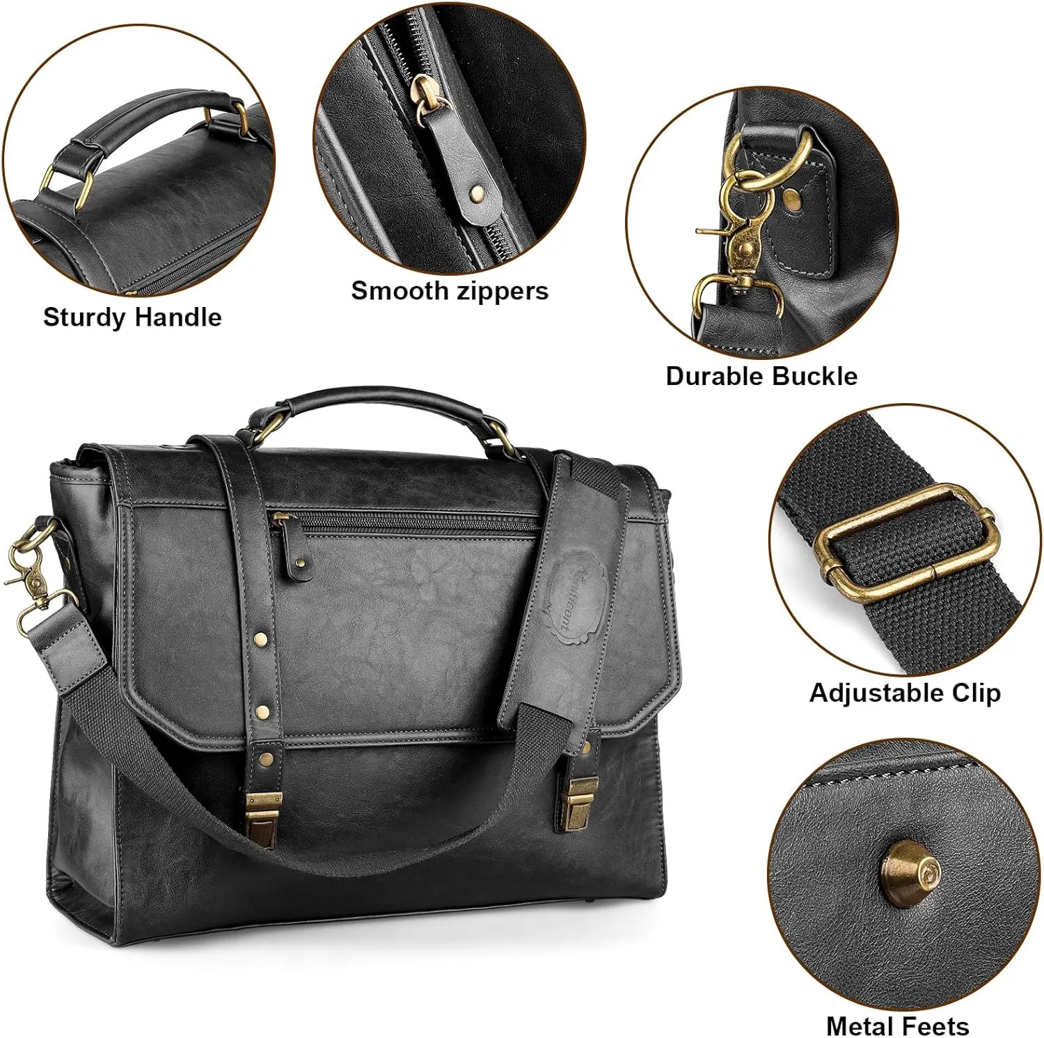 Mens messenger bag 15.6 inch, Waterproof Faux Leather Laptop Briefcase Large Computer Laptop Bag Leather Satchel Bag Retro Shoulder Bag for Office Business Travel College Black