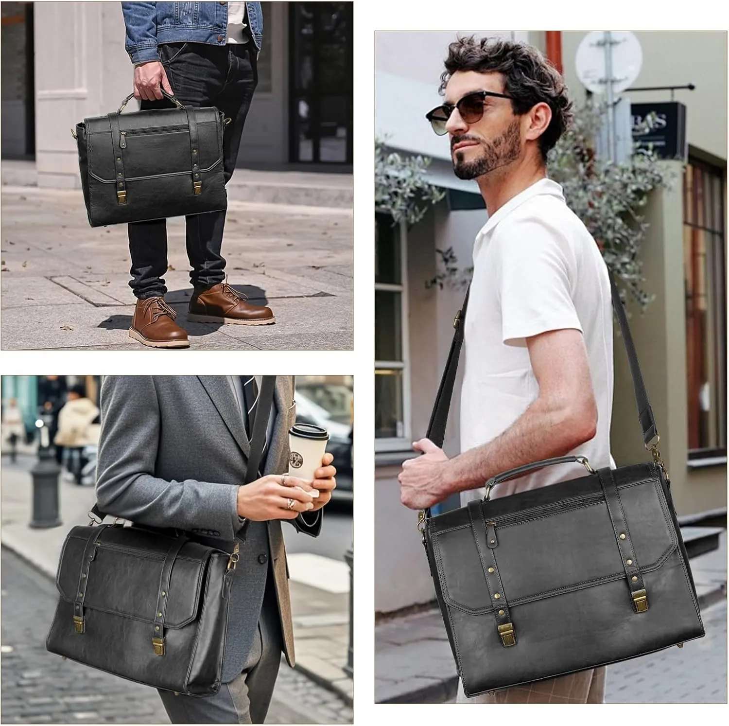 Mens messenger bag 15.6 inch, Waterproof Faux Leather Laptop Briefcase Large Computer Laptop Bag Leather Satchel Bag Retro Shoulder Bag for Office Business Travel College Black