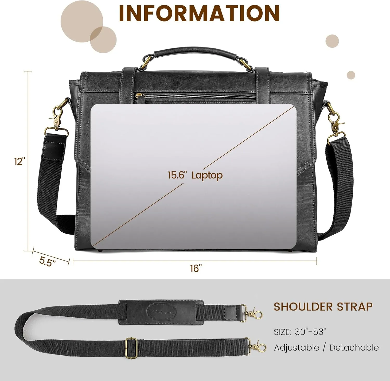Mens messenger bag 15.6 inch, Waterproof Faux Leather Laptop Briefcase Large Computer Laptop Bag Leather Satchel Bag Retro Shoulder Bag for Office Business Travel College Black