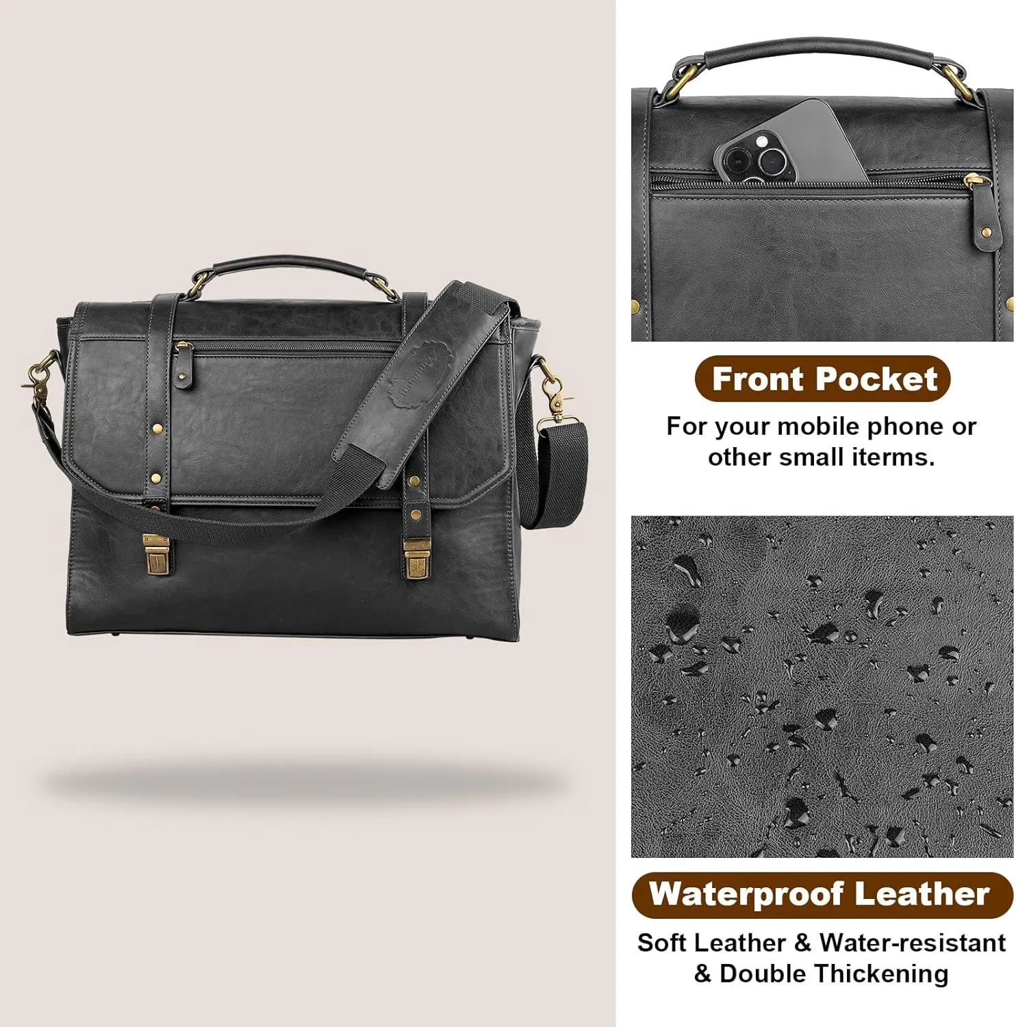 Mens messenger bag 15.6 inch, Waterproof Faux Leather Laptop Briefcase Large Computer Laptop Bag Leather Satchel Bag Retro Shoulder Bag for Office Business Travel College Black