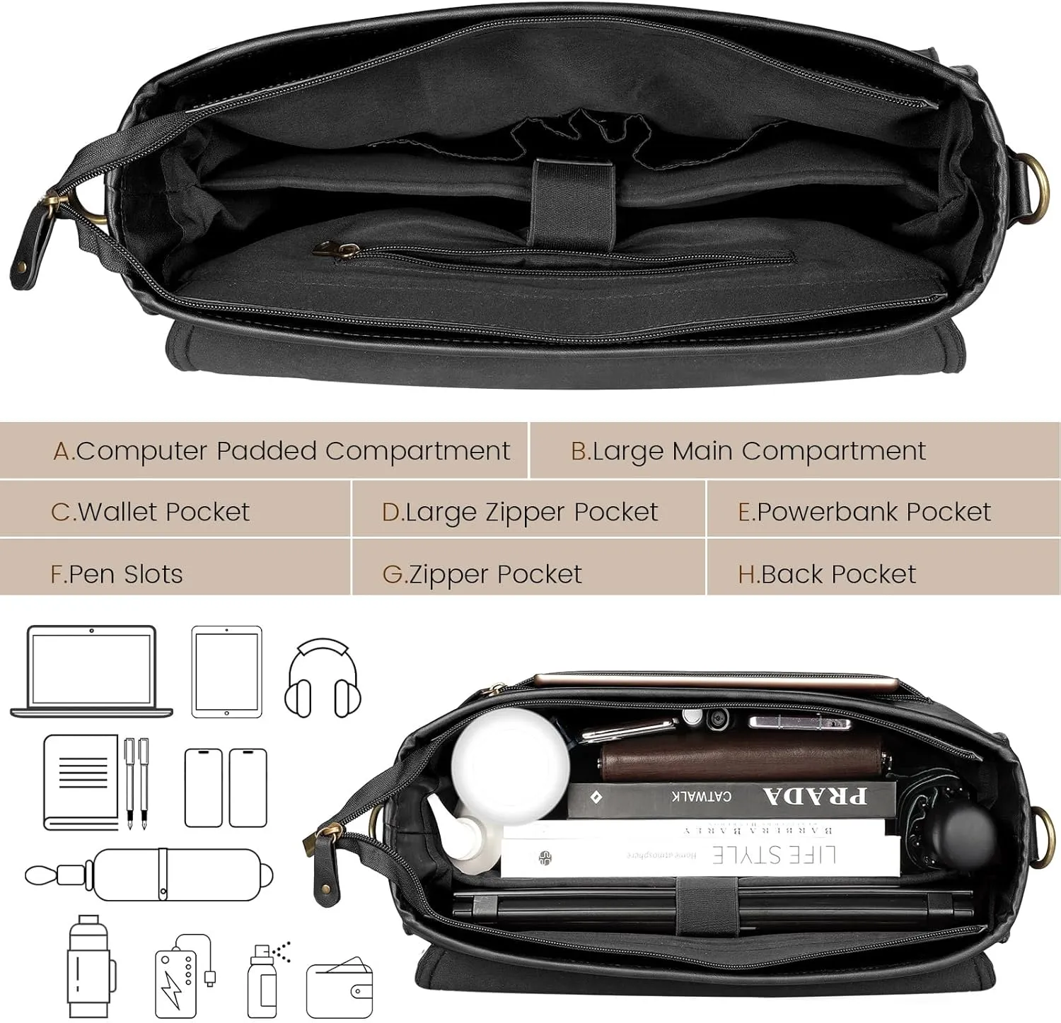 Mens messenger bag 15.6 inch, Waterproof Faux Leather Laptop Briefcase Large Computer Laptop Bag Leather Satchel Bag Retro Shoulder Bag for Office Business Travel College Black