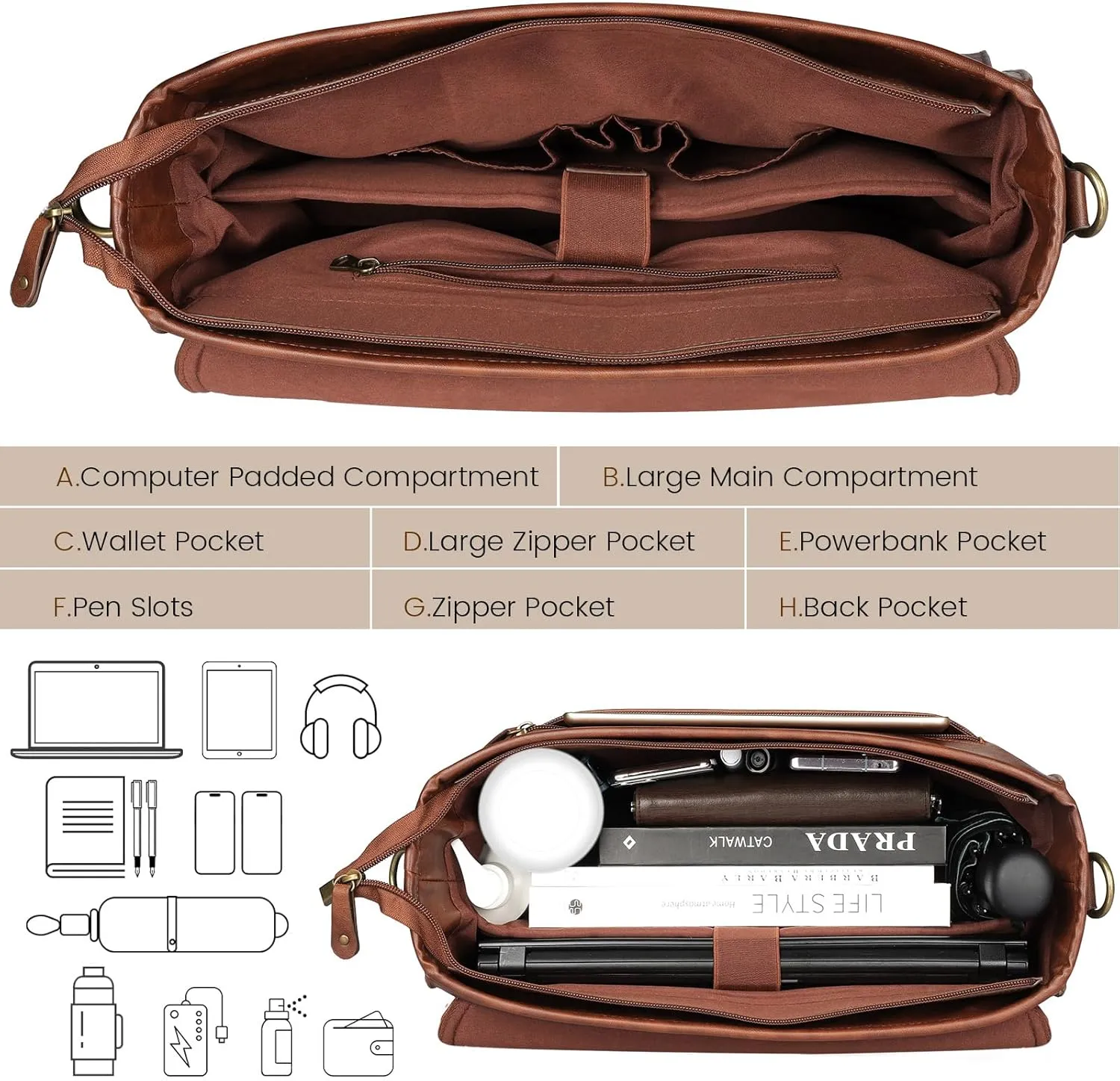 Mens messenger bag 15.6 inch, Waterproof Faux Leather Laptop Briefcase Large Computer Laptop Bag Leather Satchel Bag Retro Shoulder Bag for Office Business Travel College Brown