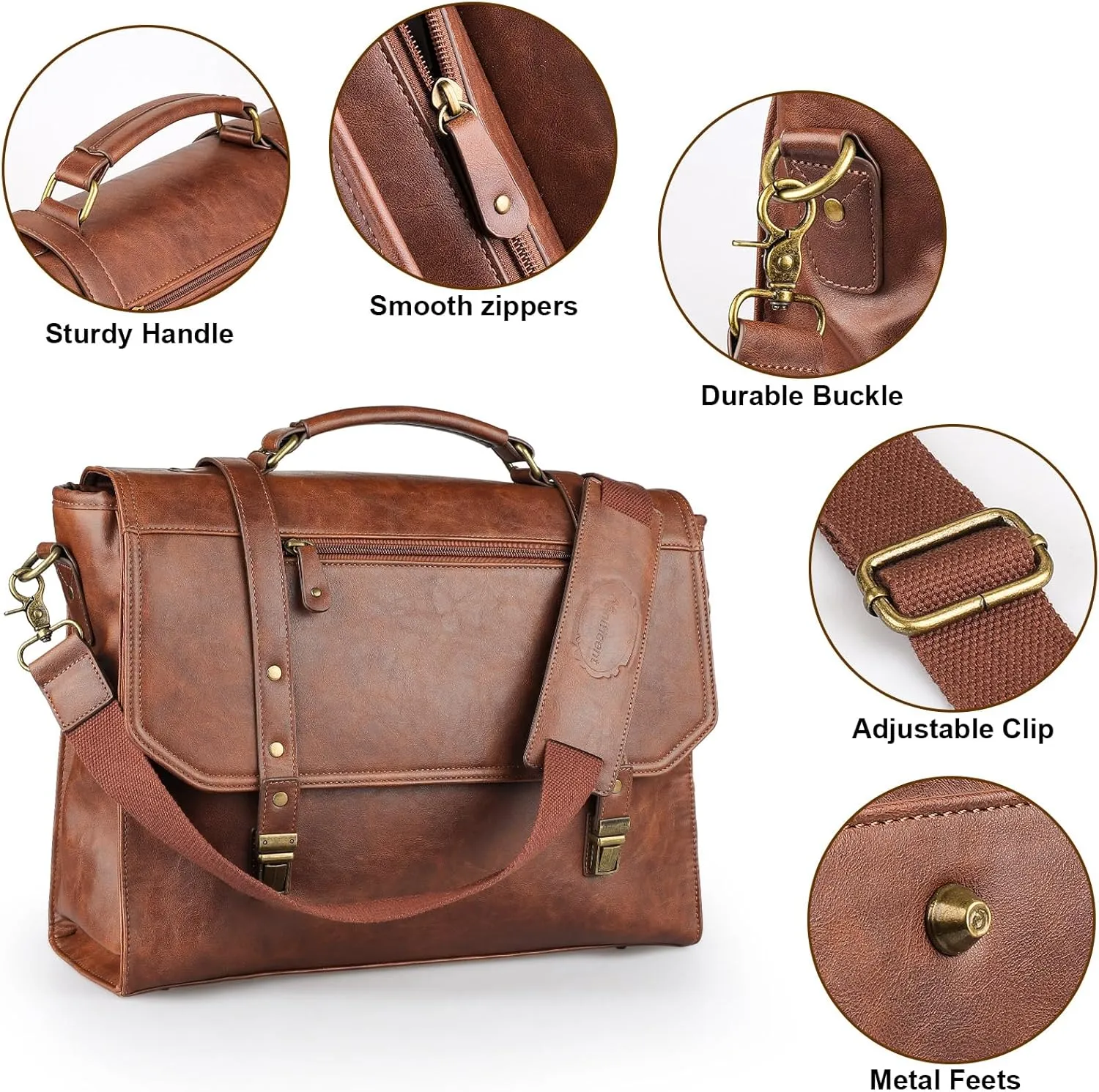 Mens messenger bag 15.6 inch, Waterproof Faux Leather Laptop Briefcase Large Computer Laptop Bag Leather Satchel Bag Retro Shoulder Bag for Office Business Travel College Brown