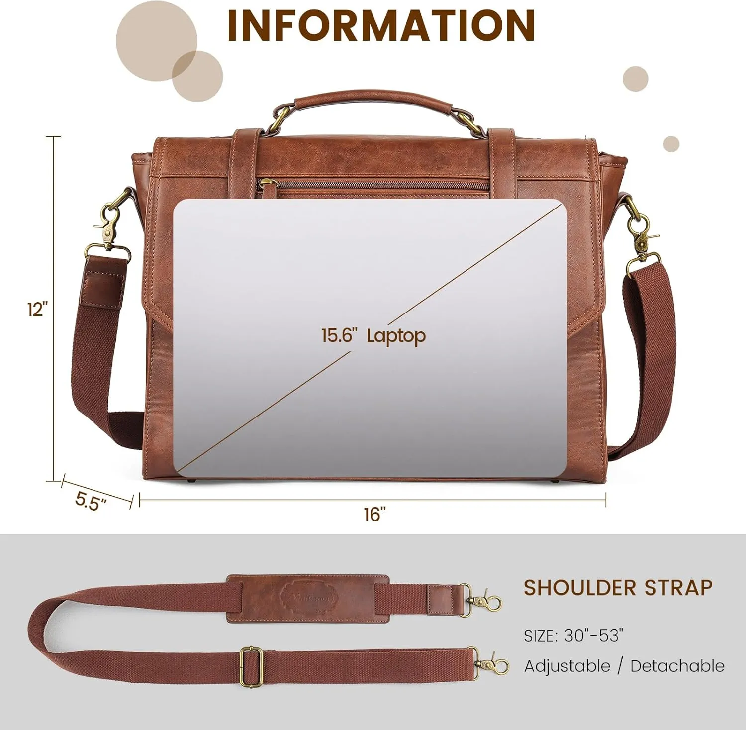 Mens messenger bag 15.6 inch, Waterproof Faux Leather Laptop Briefcase Large Computer Laptop Bag Leather Satchel Bag Retro Shoulder Bag for Office Business Travel College Brown