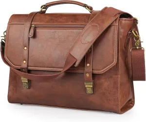 Mens messenger bag 15.6 inch, Waterproof Faux Leather Laptop Briefcase Large Computer Laptop Bag Leather Satchel Bag Retro Shoulder Bag for Office Business Travel College Brown