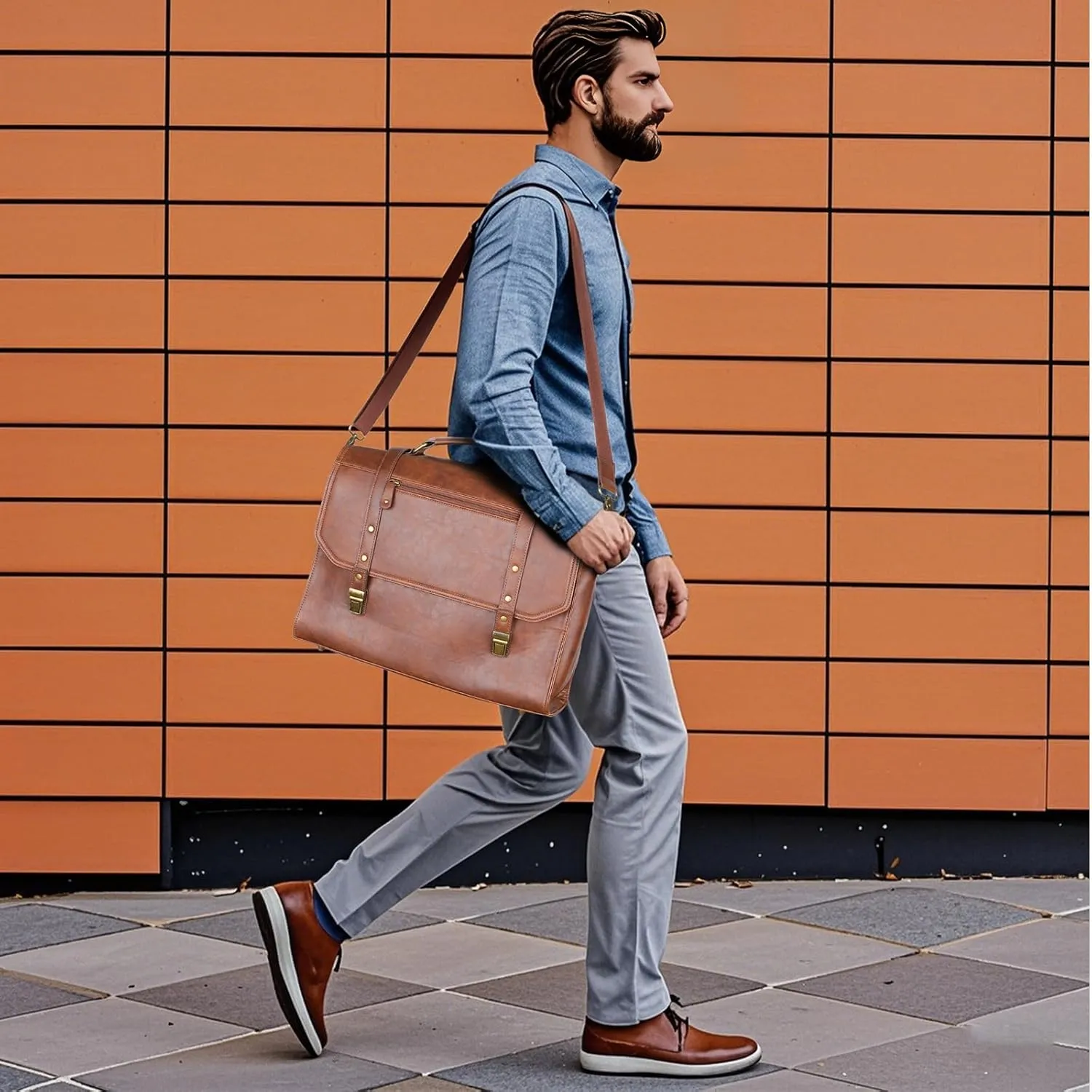 Mens messenger bag 15.6 inch, Waterproof Faux Leather Laptop Briefcase Large Computer Laptop Bag Leather Satchel Bag Retro Shoulder Bag for Office Business Travel College Brown