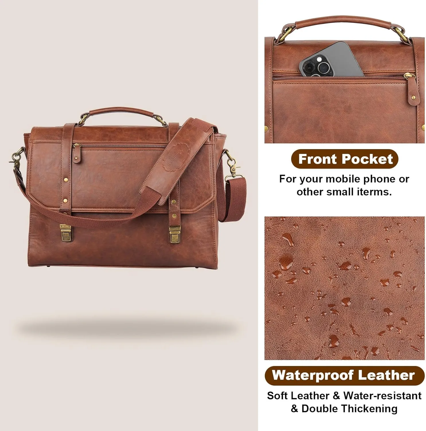 Mens messenger bag 15.6 inch, Waterproof Faux Leather Laptop Briefcase Large Computer Laptop Bag Leather Satchel Bag Retro Shoulder Bag for Office Business Travel College Brown