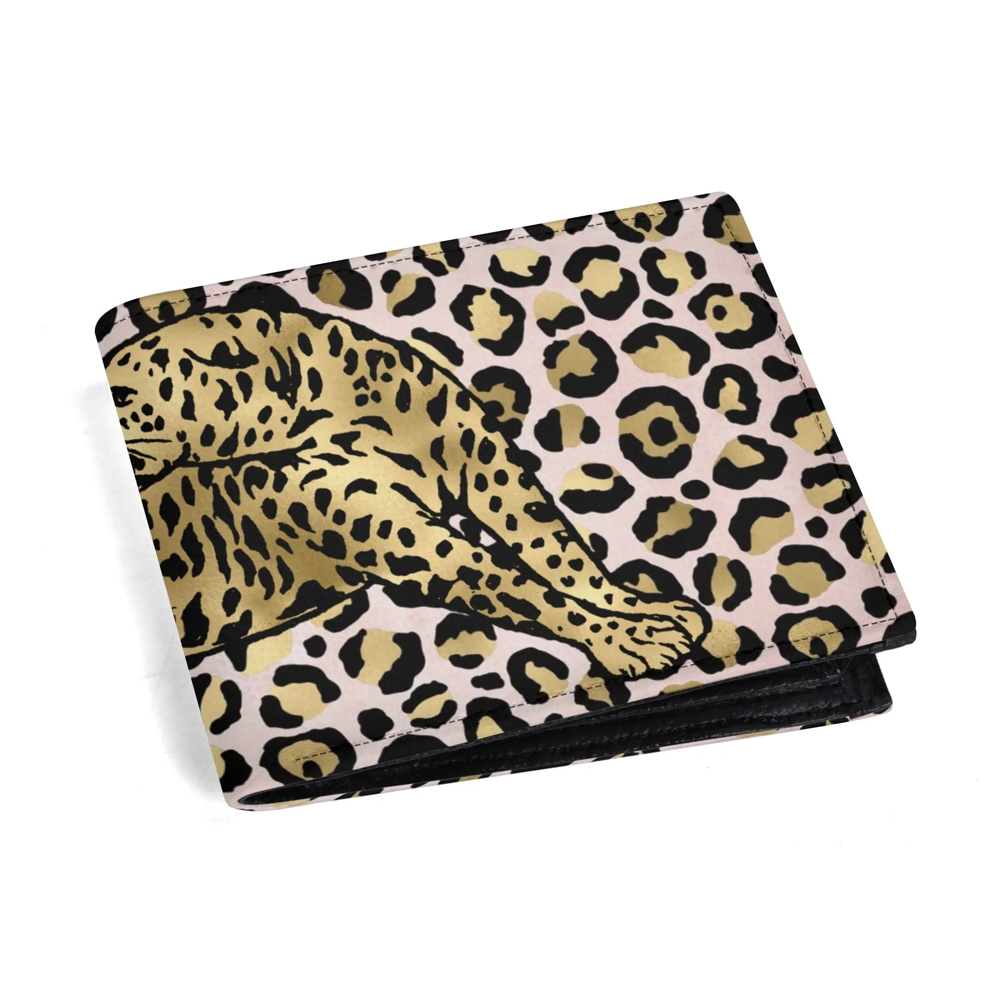 Mens Pink and Gold Leopard Pattern PU Leather Bi-fold Wallet