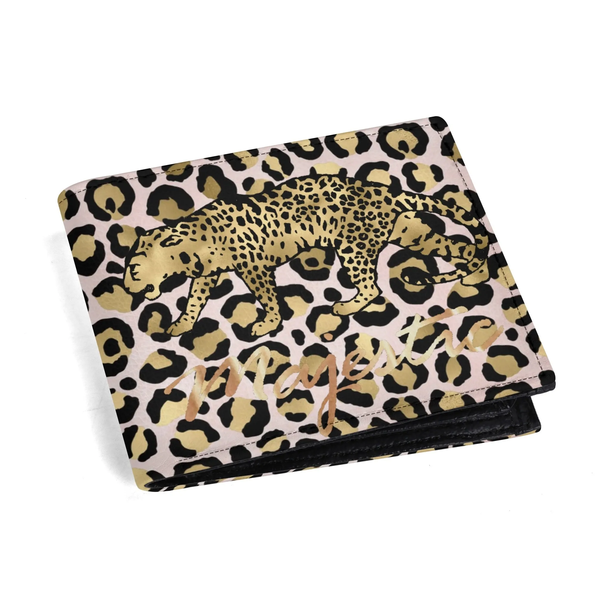 Mens Pink and Gold Leopard Pattern PU Leather Bi-fold Wallet