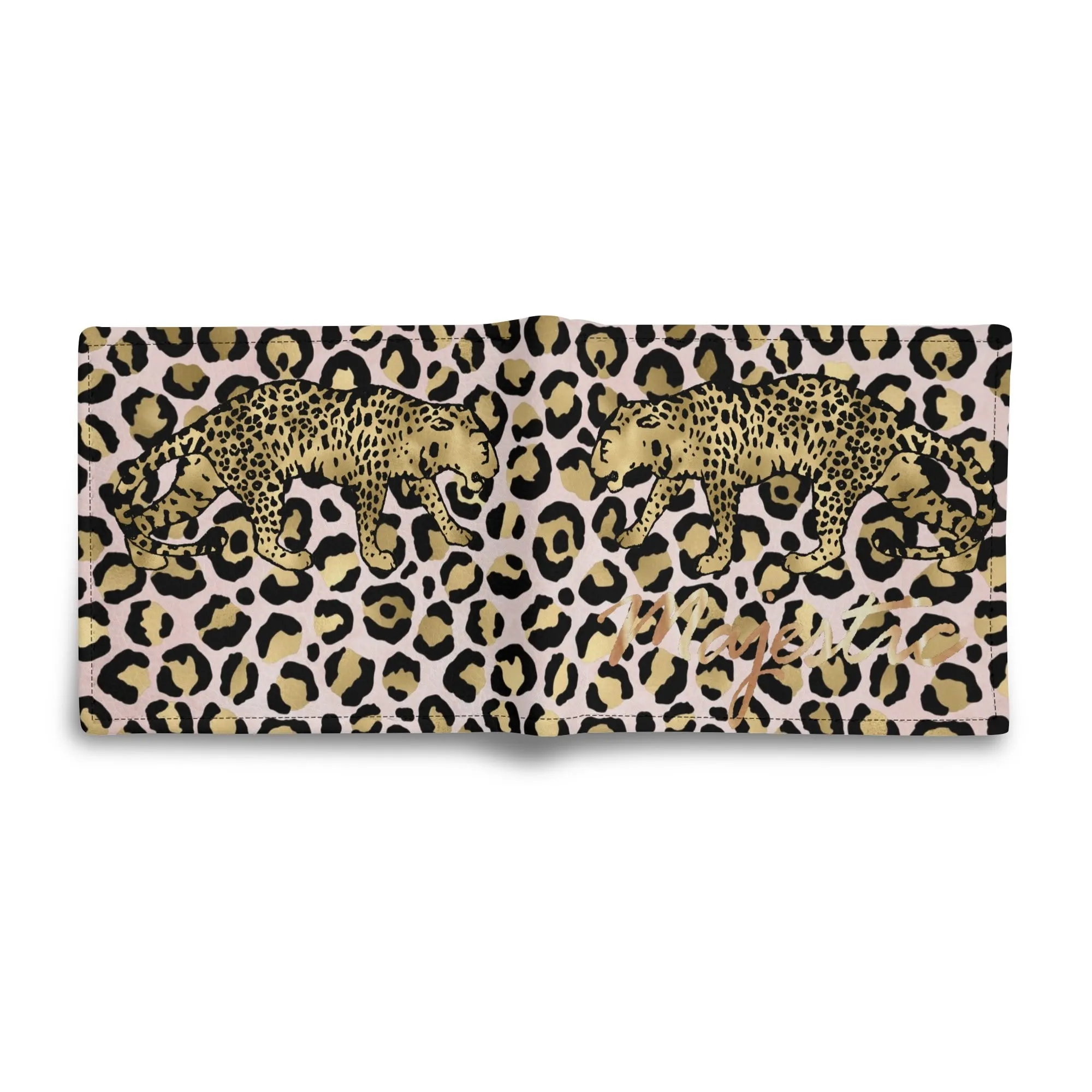 Mens Pink and Gold Leopard Pattern PU Leather Bi-fold Wallet