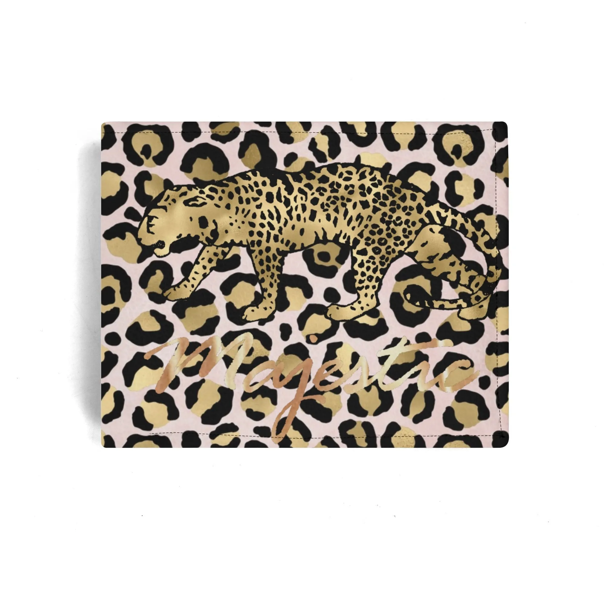 Mens Pink and Gold Leopard Pattern PU Leather Bi-fold Wallet