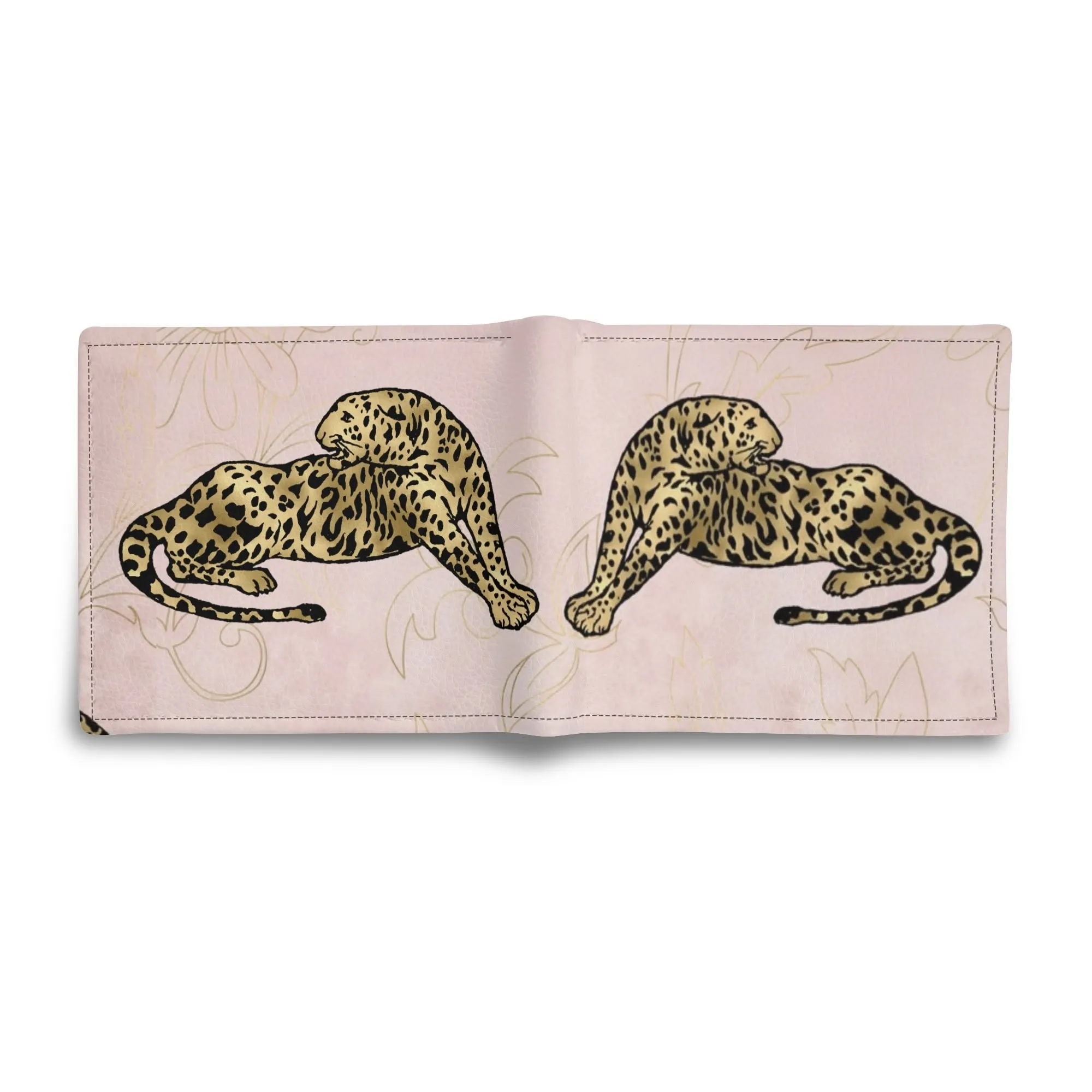 Mens Pink and Gold Leopard Pattern PU Leather Bi-fold Wallet