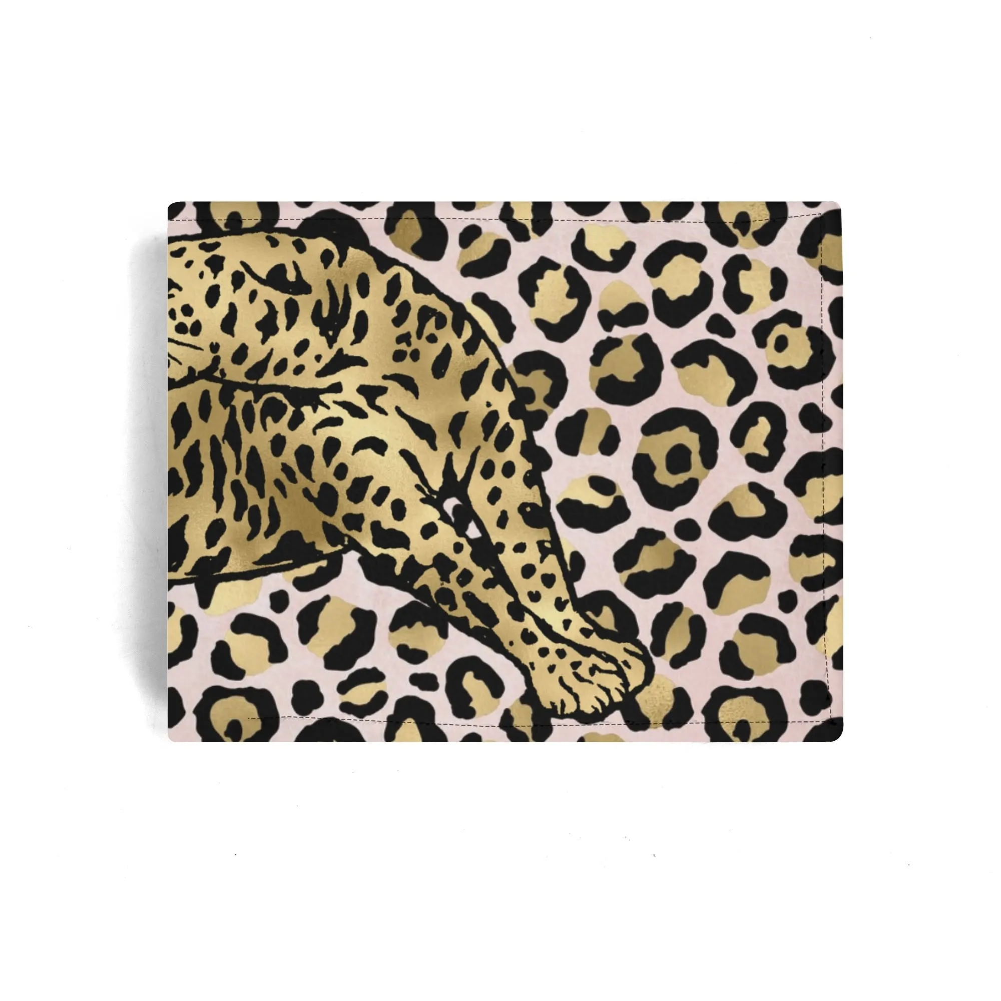 Mens Pink and Gold Leopard Pattern PU Leather Bi-fold Wallet