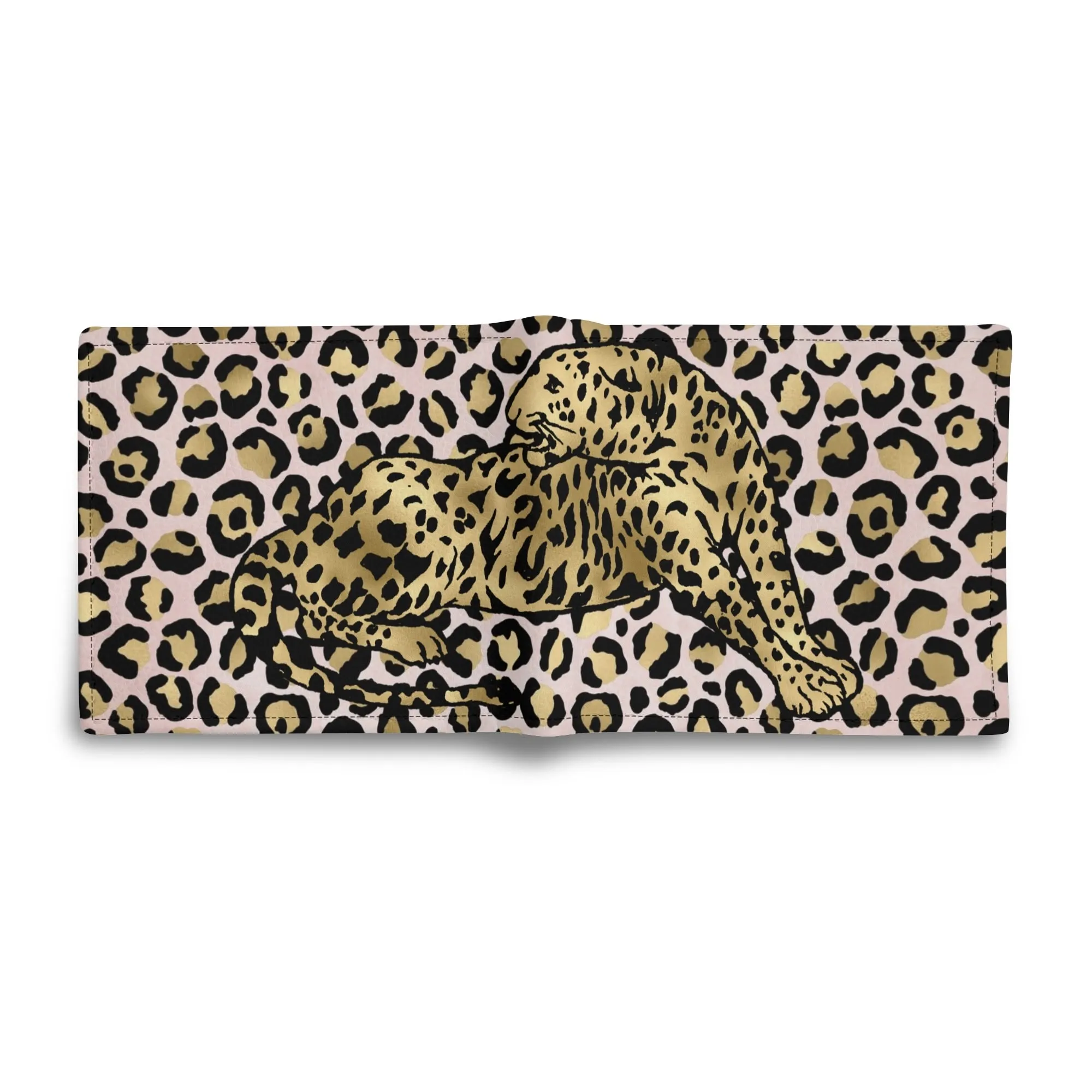Mens Pink and Gold Leopard Pattern PU Leather Bi-fold Wallet