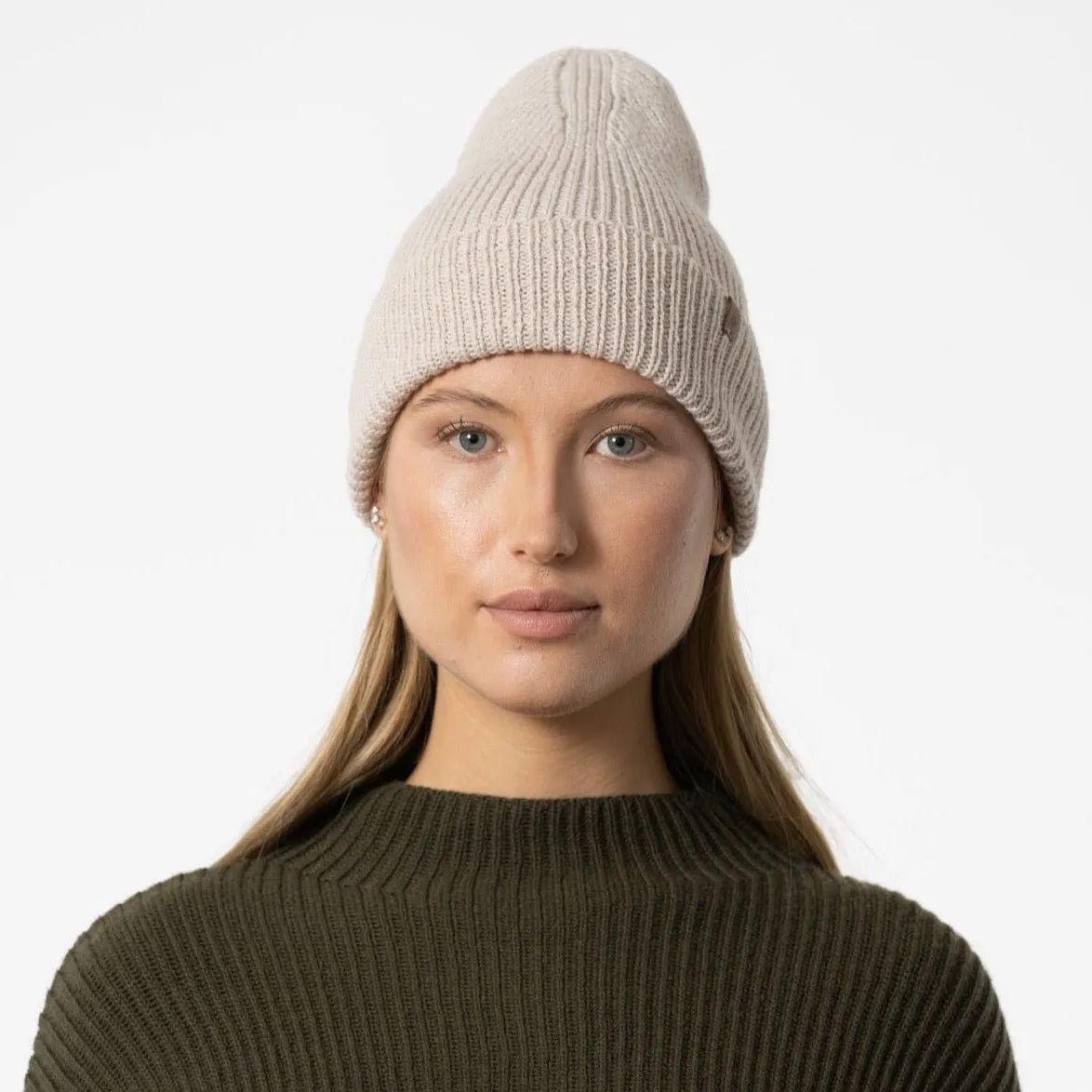 Merino Handknit Rib Hat in Almond White