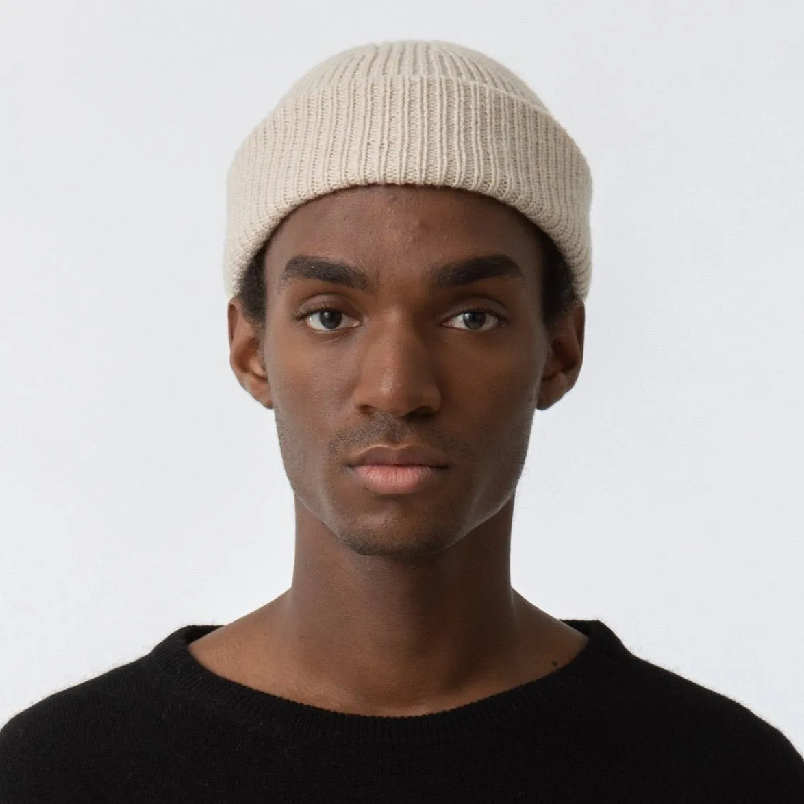 Merino Handknit Rib Hat in Almond White