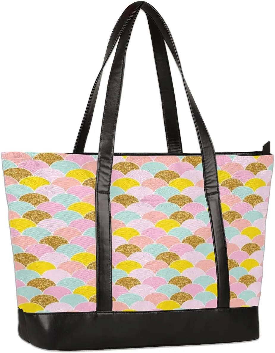 Mermaid Scale Laptop Tote Bag for Women Work Bags Purse Pink Gold Teacher Handbag Shoulder Bag fits 13-15.6 inch Laptop Work Purse Office Briefcase Handbag