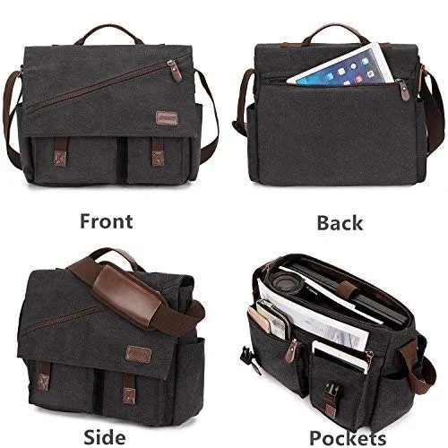 Messenger Bag for Men,Water Resistant Canvas Satchel 15.6 17 Inch Laptop Briefcases Business Shoulder Bookbag by RAVUO