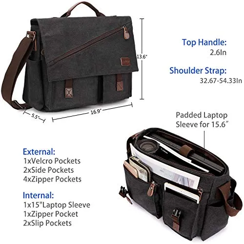 Messenger Bag for Men,Water Resistant Canvas Satchel 15.6 17 Inch Laptop Briefcases Business Shoulder Bookbag by RAVUO