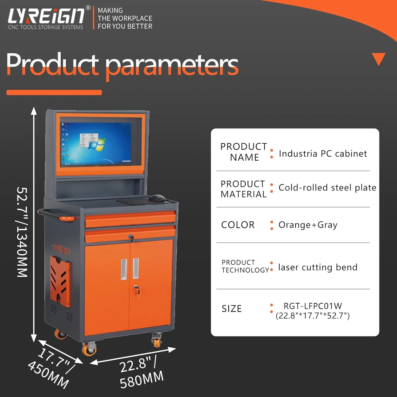 Metal Industrial Movable PC Tool Cabinet, Heavy Duty Computer Desk for CNC Workshop Garage, Industrial PC Cabinet Max for 24 Inch Monitor