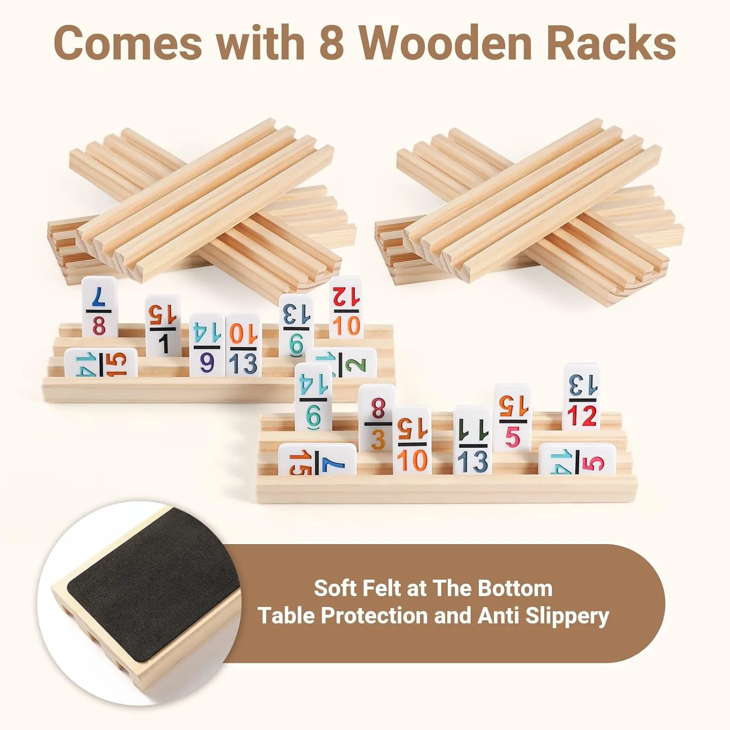 Mexican Train Dominoes Set with Numbers and 8 Wooden Trays/Racks, Double 15 Dominos Travel Set with 8 Tiles Holders, 136 Tiles Double 15 Colored Dominoes Game Set with Zippered Case for Family Kids