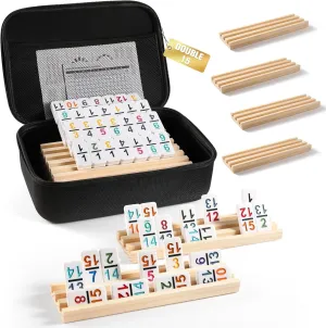 Mexican Train Dominoes Set with Numbers and 8 Wooden Trays/Racks, Double 15 Dominos Travel Set with 8 Tiles Holders, 136 Tiles Double 15 Colored Dominoes Game Set with Zippered Case for Family Kids