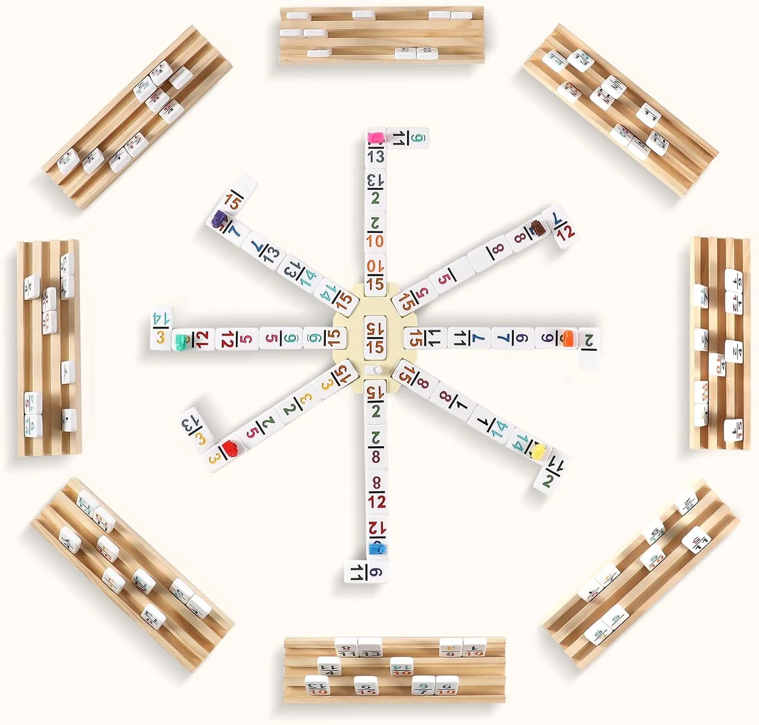 Mexican Train Dominoes Set with Numbers and 8 Wooden Trays/Racks, Double 15 Dominos Travel Set with 8 Tiles Holders, 136 Tiles Double 15 Colored Dominoes Game Set with Zippered Case for Family Kids