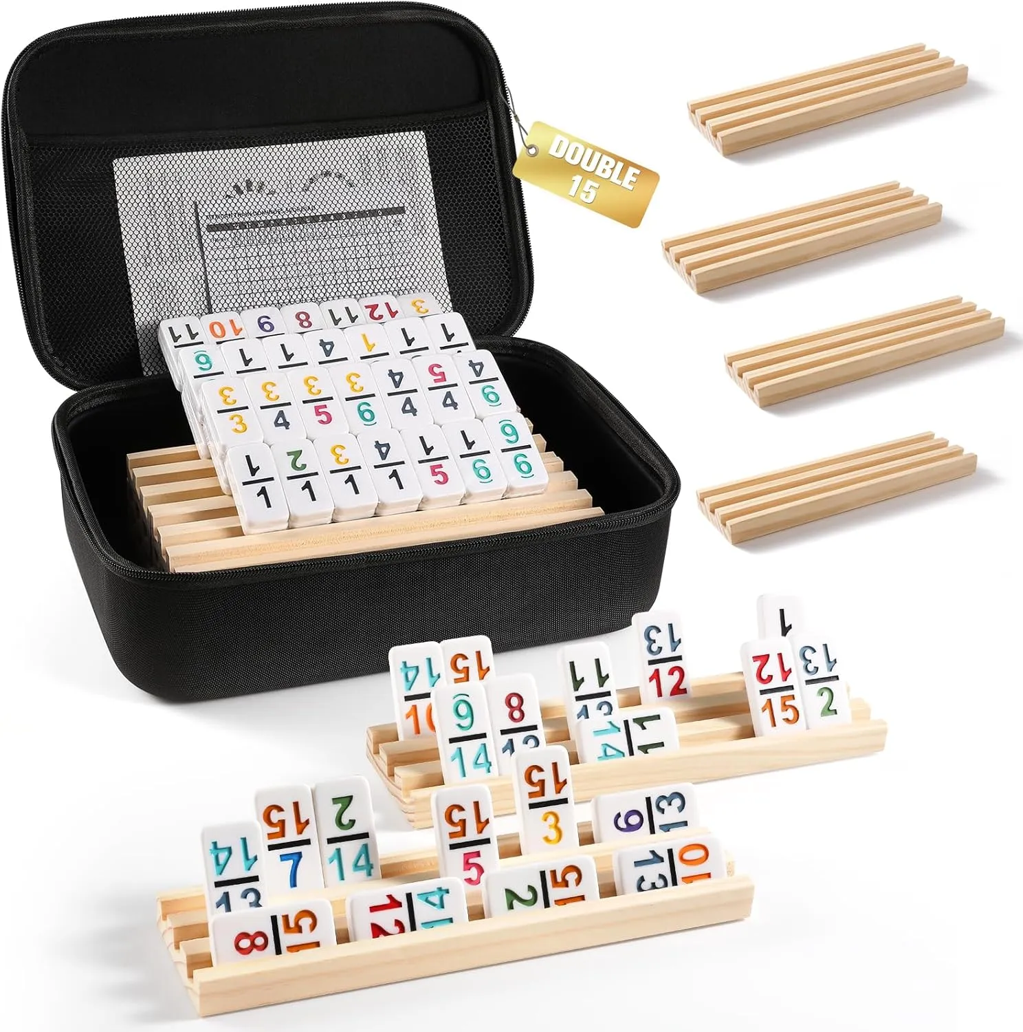 Mexican Train Dominoes Set with Numbers and 8 Wooden Trays/Racks, Double 15 Dominos Travel Set with 8 Tiles Holders, 136 Tiles Double 15 Colored Dominoes Game Set with Zippered Case for Family Kids