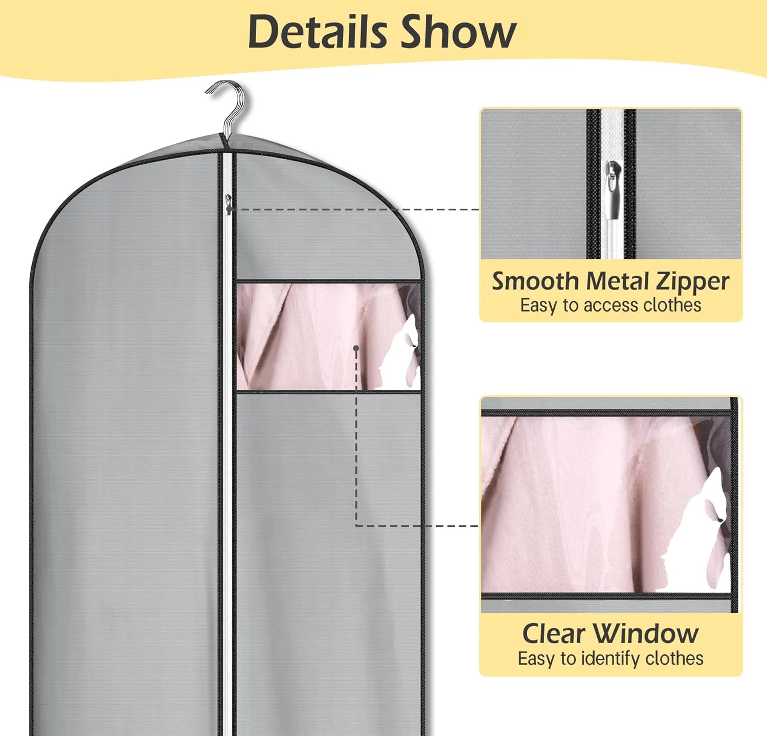 MISSLO 4" Gusseted Garment Bags for Hanging Clothes Storage 72" Dress Bags for Gowns Long Waterproof Dress Cover for Closet Wedding Dress Bag, Grey, 3 Packs