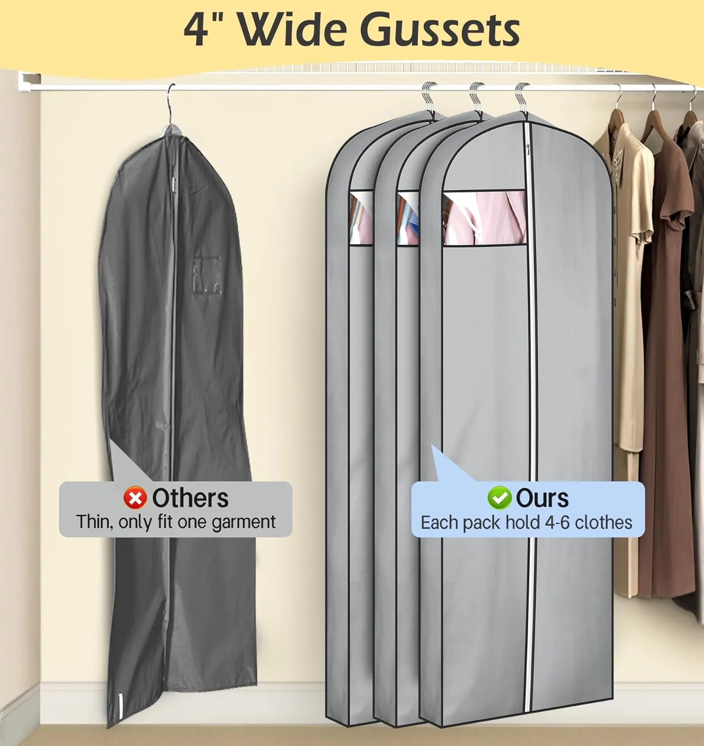 MISSLO 4" Gusseted Garment Bags for Hanging Clothes Storage 72" Dress Bags for Gowns Long Waterproof Dress Cover for Closet Wedding Dress Bag, Grey, 3 Packs