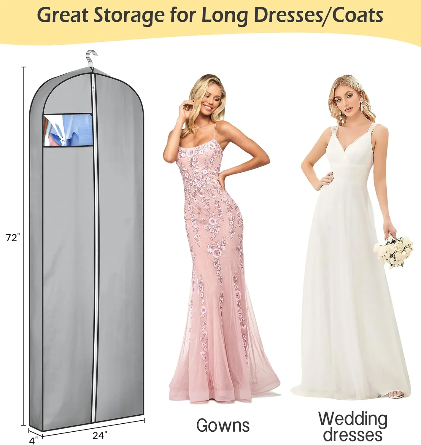 MISSLO 4" Gusseted Garment Bags for Hanging Clothes Storage 72" Dress Bags for Gowns Long Waterproof Dress Cover for Closet Wedding Dress Bag, Grey, 3 Packs