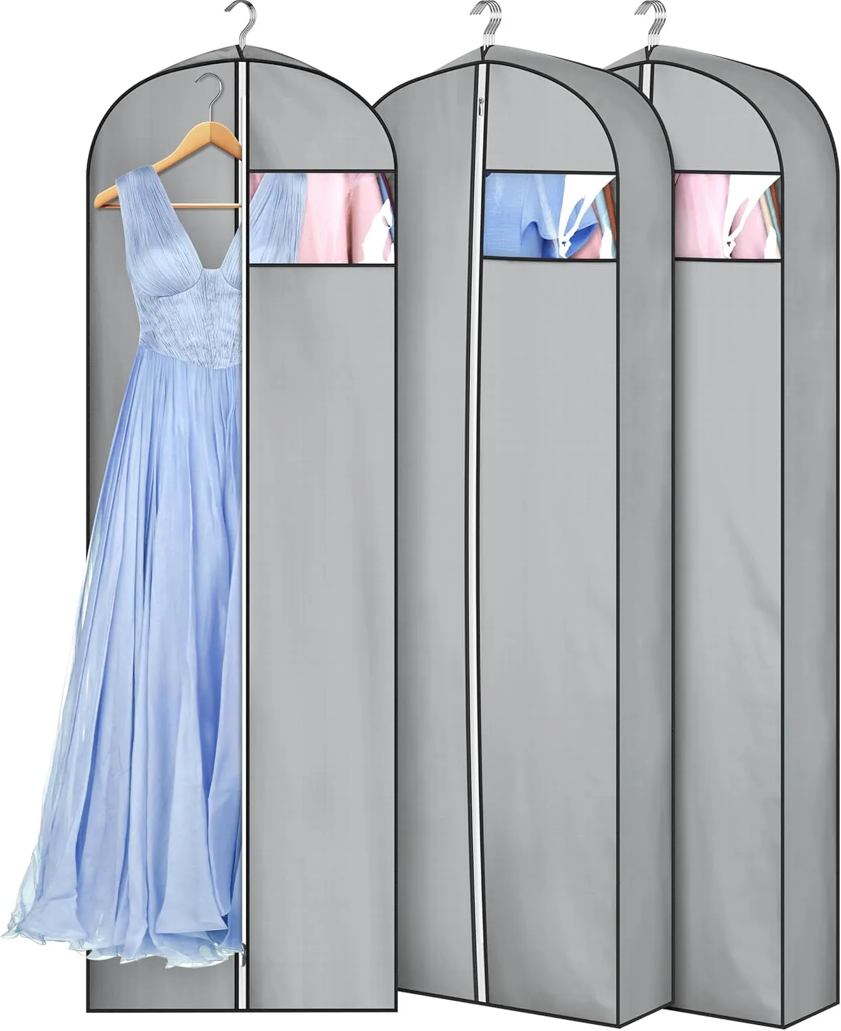 MISSLO 4" Gusseted Garment Bags for Hanging Clothes Storage 72" Dress Bags for Gowns Long Waterproof Dress Cover for Closet Wedding Dress Bag, Grey, 3 Packs
